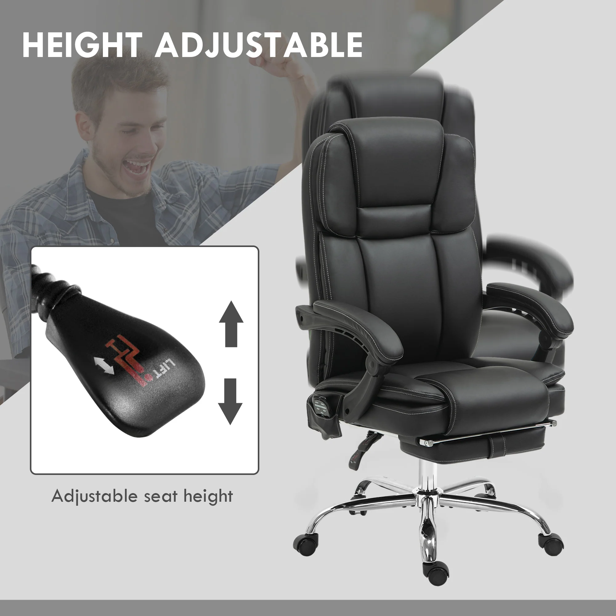 Vinsetto Massage Office Chair, PU Leather High Back Recliner - Image 4