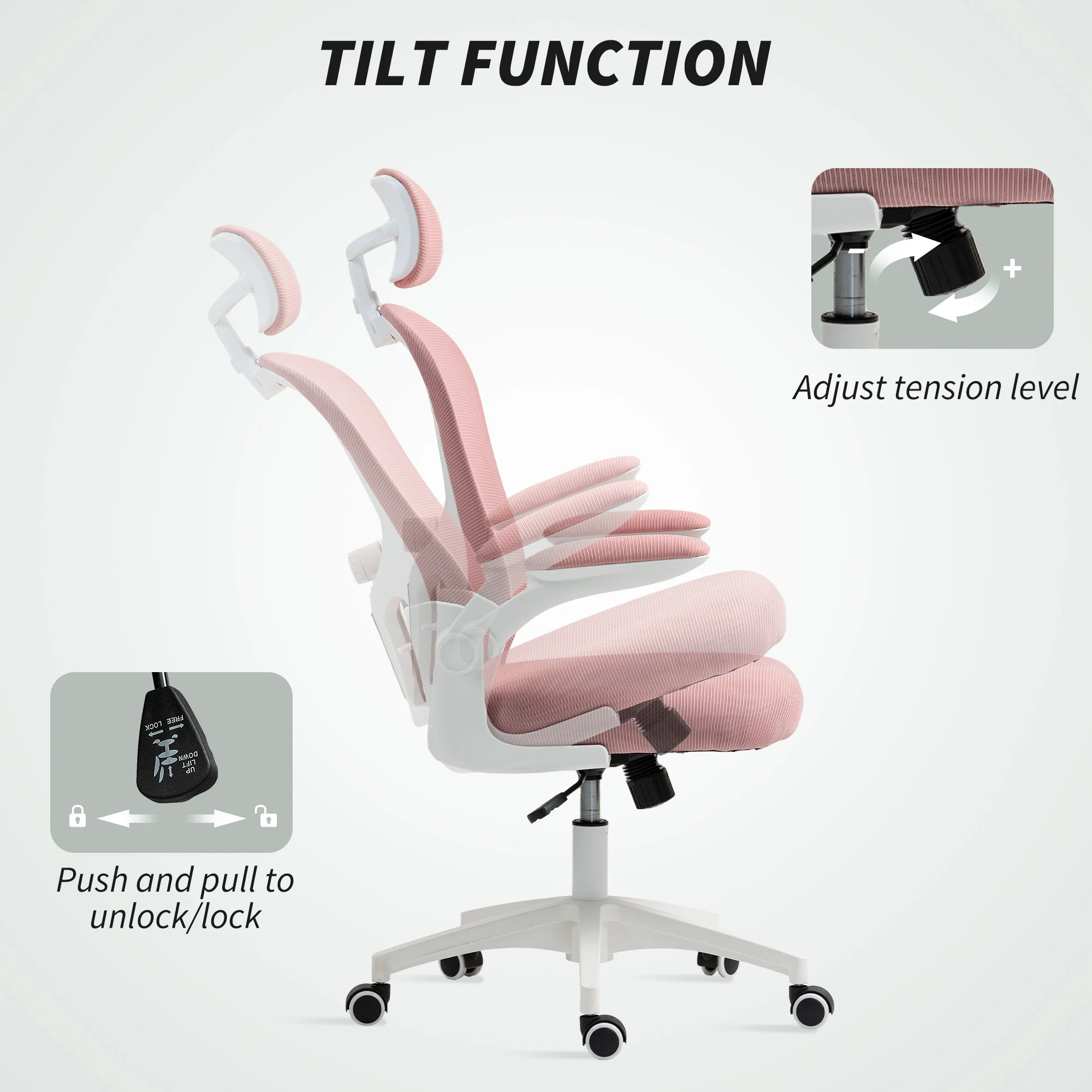 Vinsetto Mesh Chair With Headrest, 4D Lumbar Support, Flip-up Arm - White/Pink/Black - Image 13