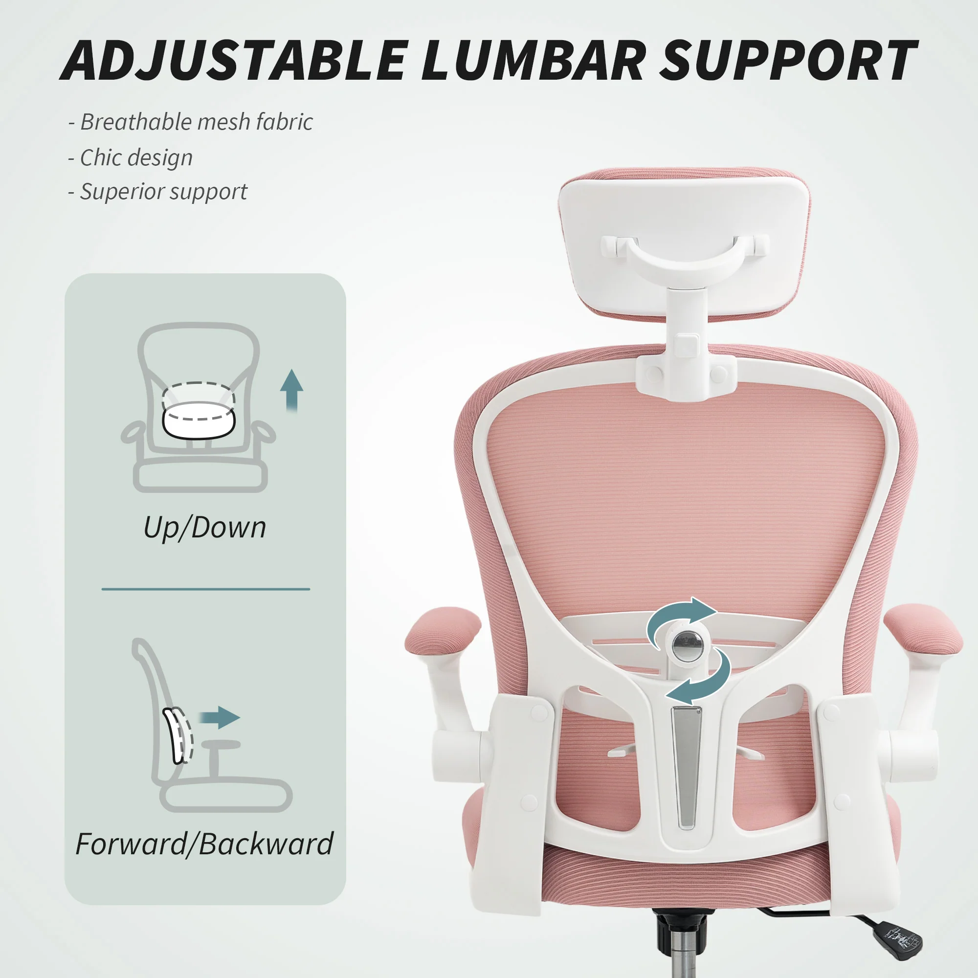 Vinsetto Mesh Chair With Headrest, 4D Lumbar Support, Flip-up Arm - White/Pink/Black - Image 15