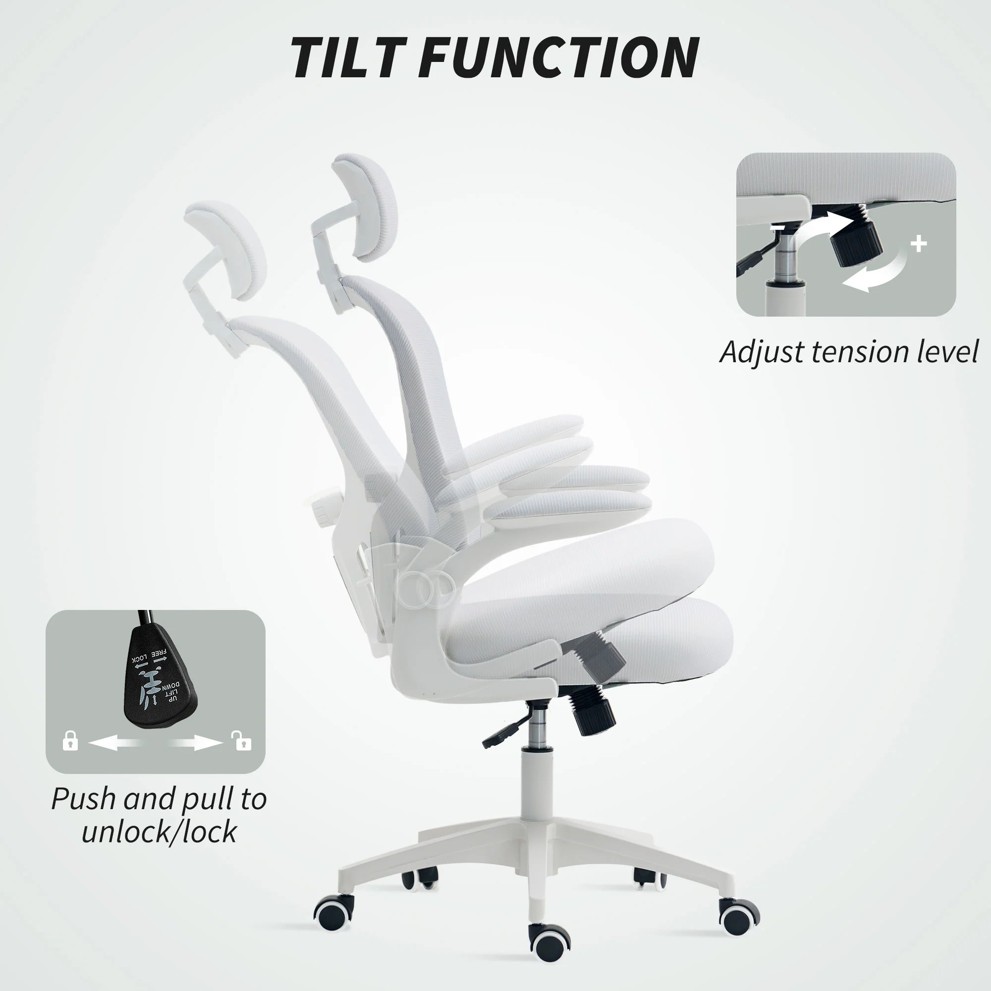 Vinsetto Mesh Chair With Headrest, 4D Lumbar Support, Flip-up Arm - White/Pink/Black - Image 22