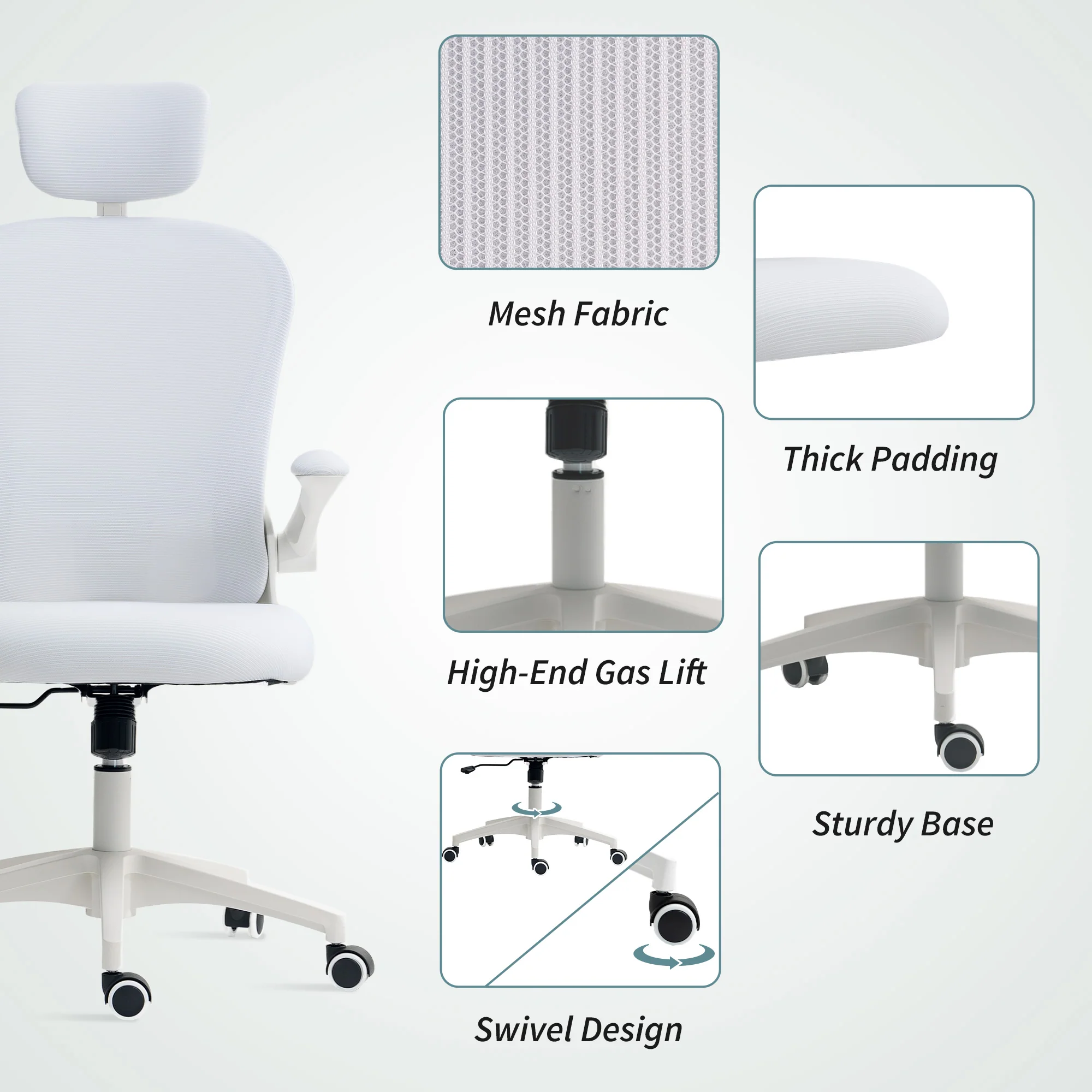 Vinsetto Mesh Chair With Headrest, 4D Lumbar Support, Flip-up Arm - White/Pink/Black - Image 26