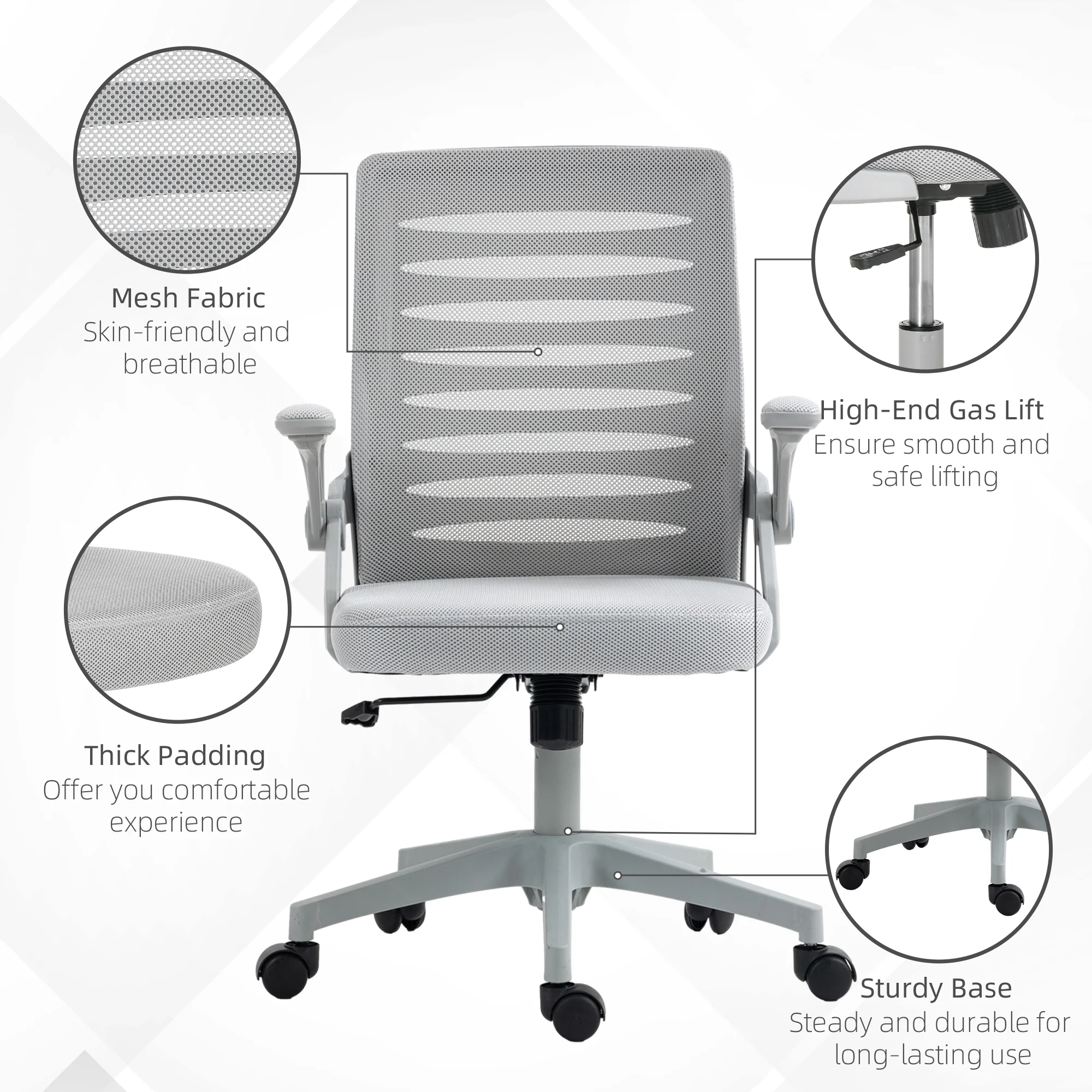Vinsetto Mesh Office Chair Home Swivel Task Chair w/ Lumbar Support, Arm, Grey - Image 4