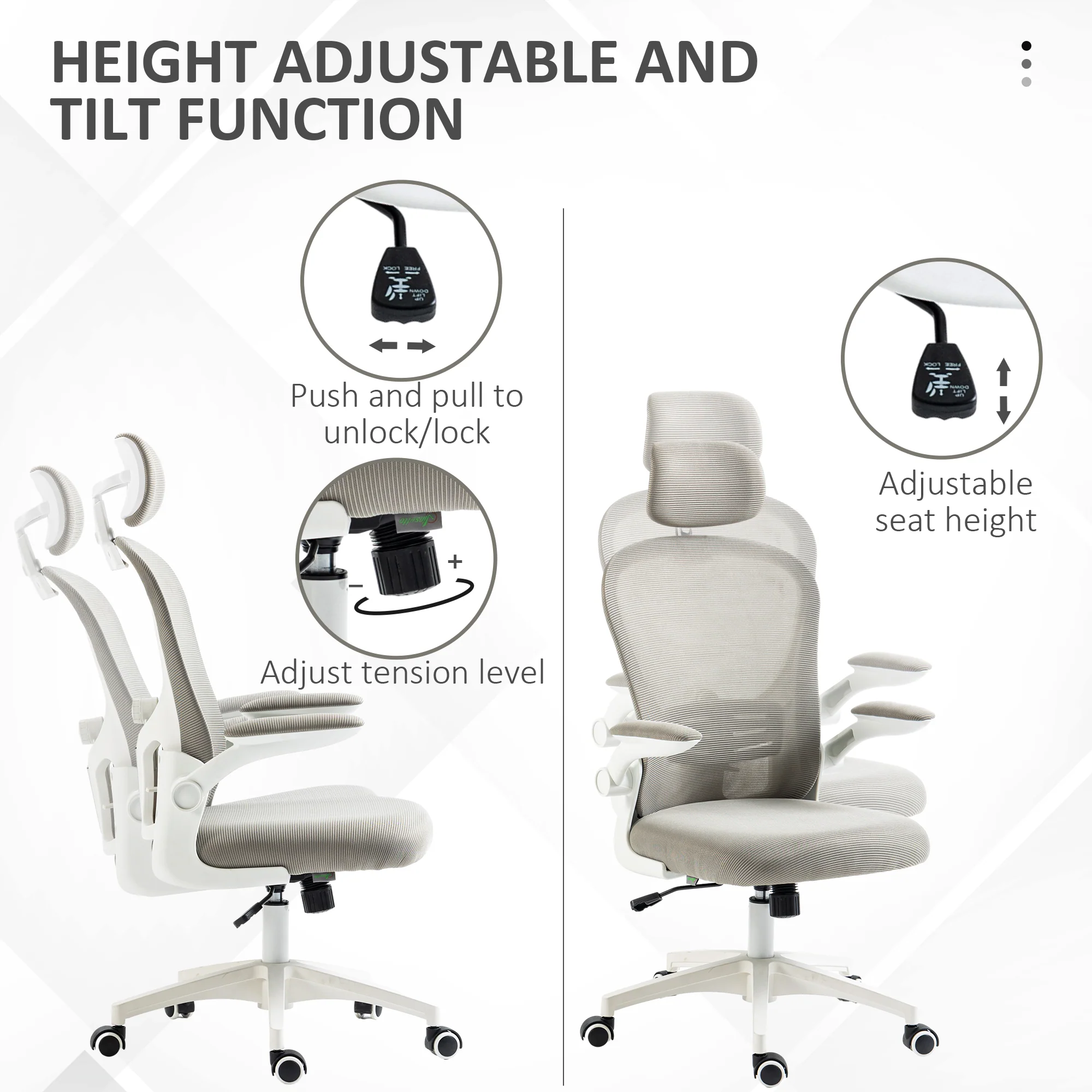 Vinsetto Mesh Office Chair With Headrest, 4D Lumbar Support, Flip-up Arm - Image 3