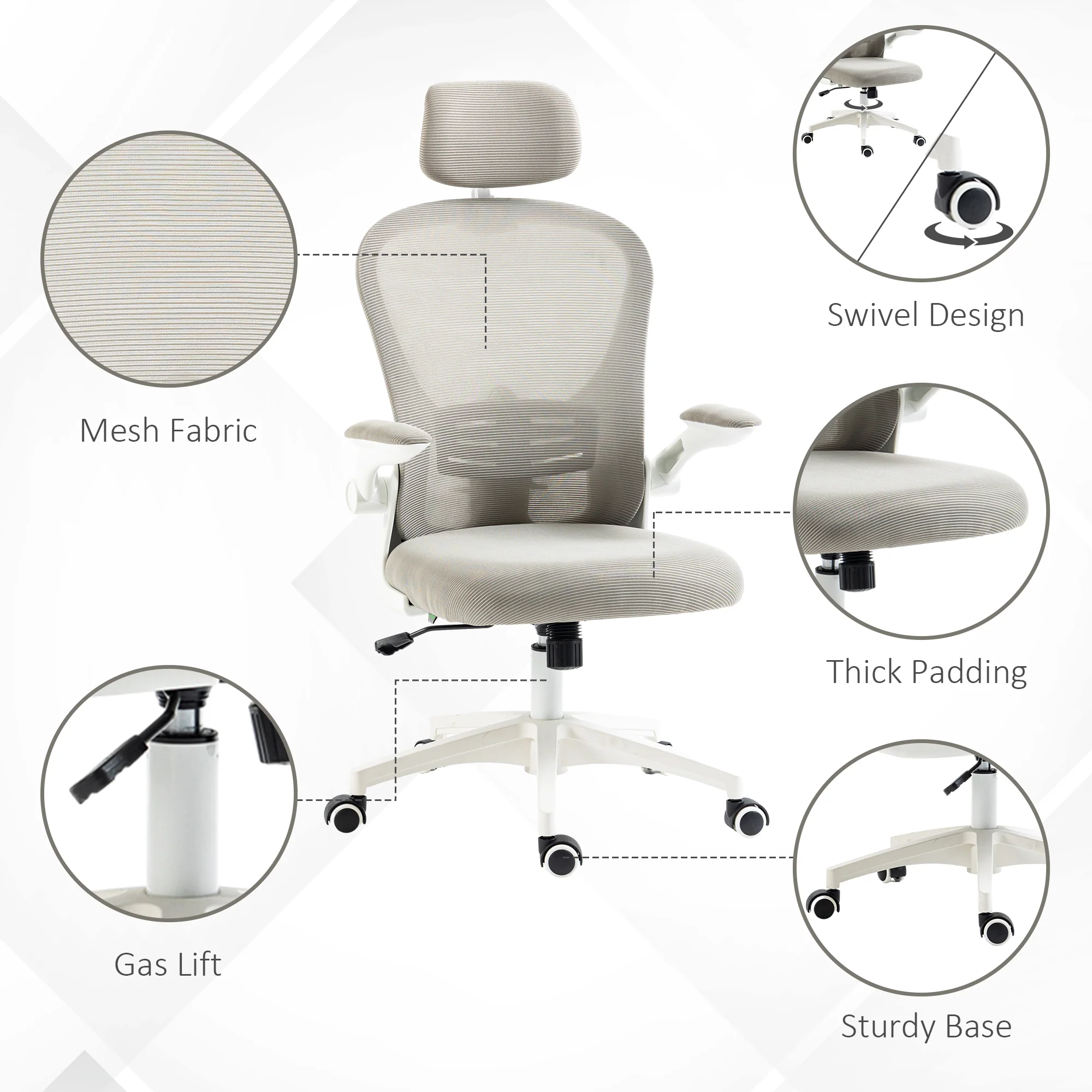 Vinsetto Mesh Office Chair With Headrest, 4D Lumbar Support, Flip-up Arm - Image 7