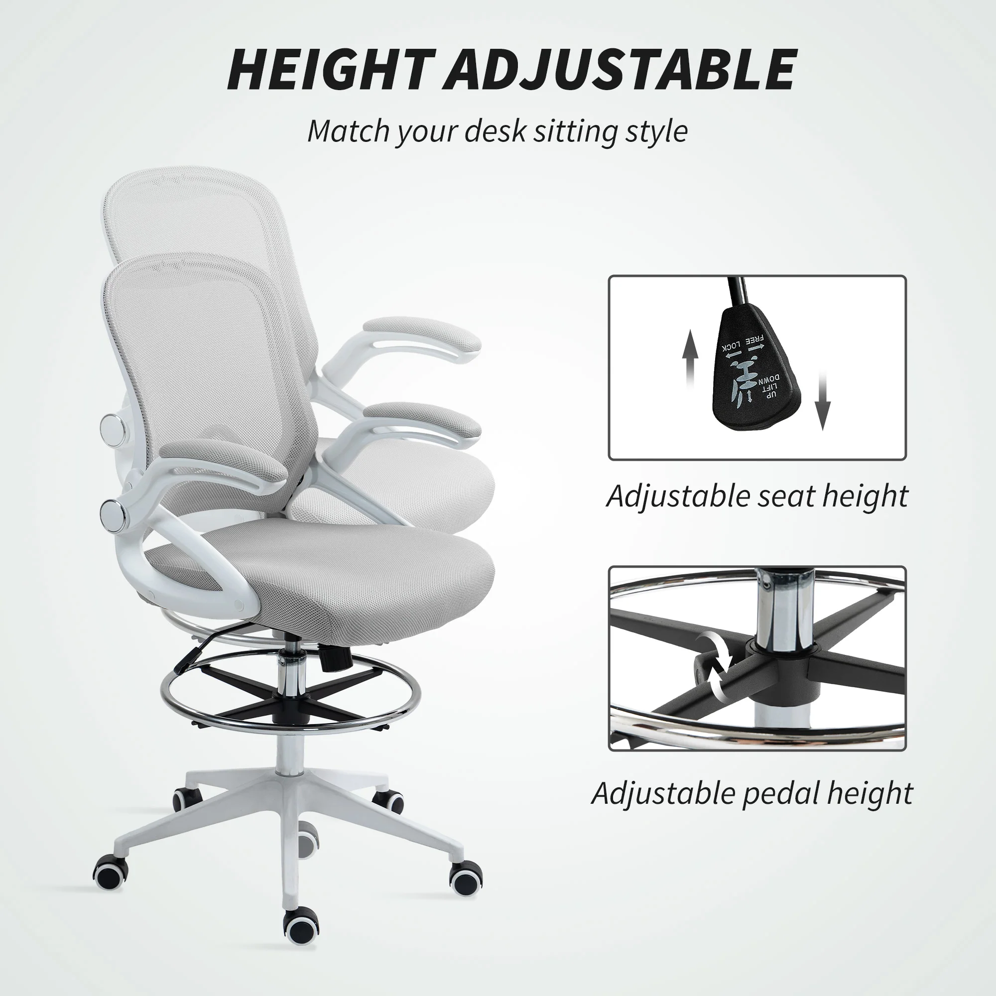 Vinsetto Mesh Office Stool, 60° Swivel Height Adjustable Chair - Image 12