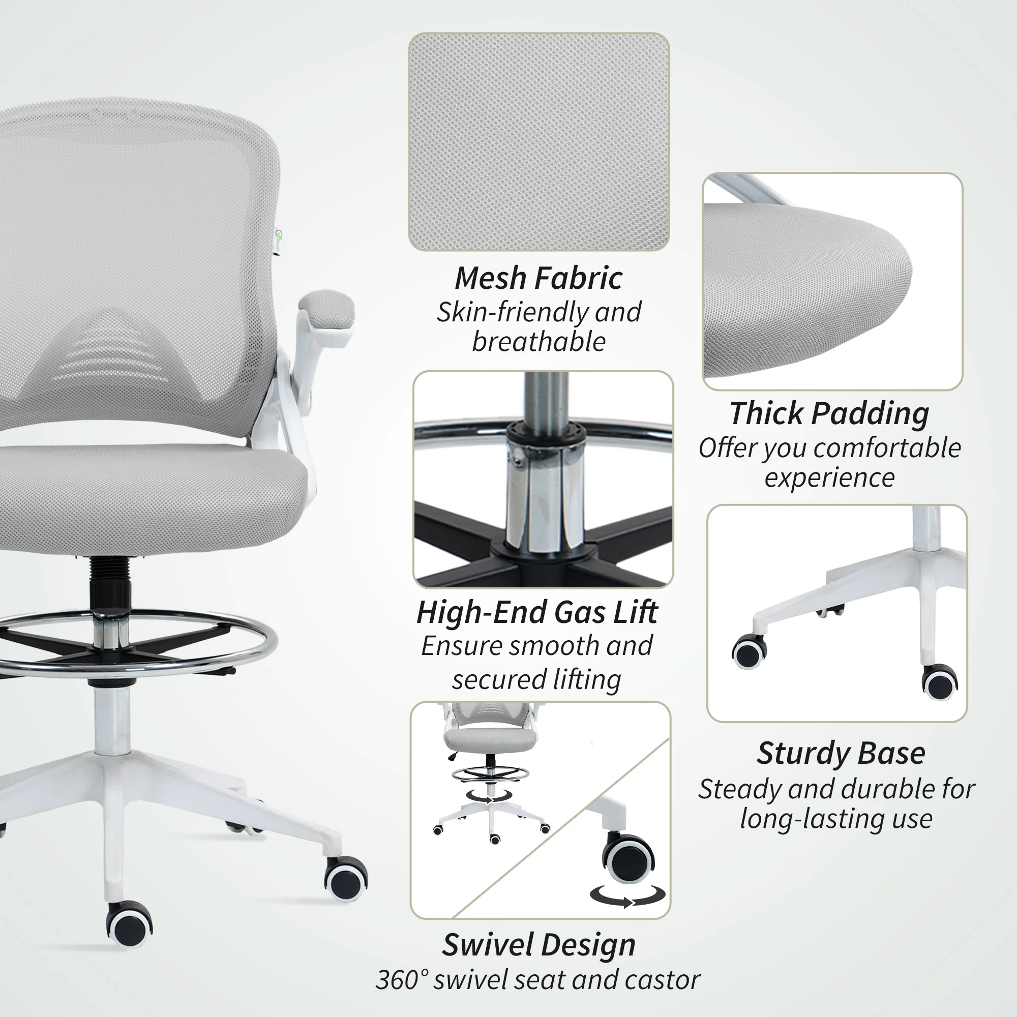 Vinsetto Mesh Office Stool, 60° Swivel Height Adjustable Chair - Image 16