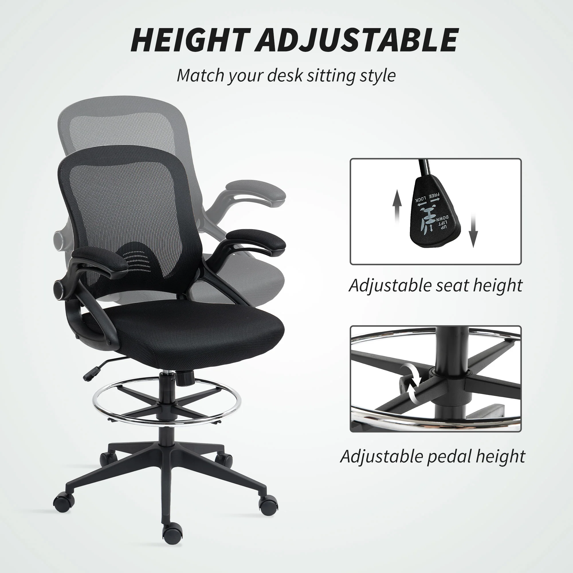 Vinsetto Mesh Office Stool, 60° Swivel Height Adjustable Chair - Image 3