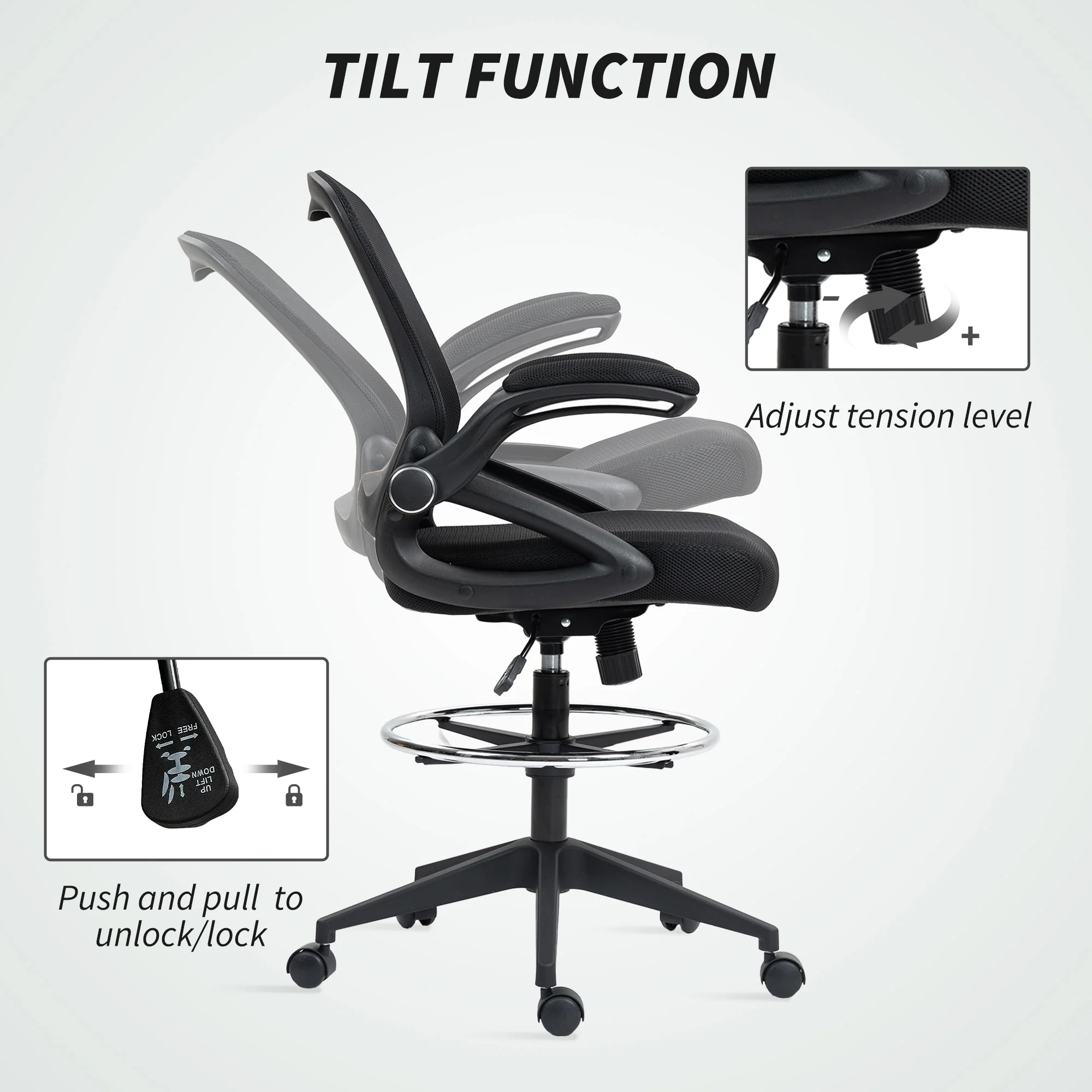 Vinsetto Mesh Office Stool, 60° Swivel Height Adjustable Chair - Image 6
