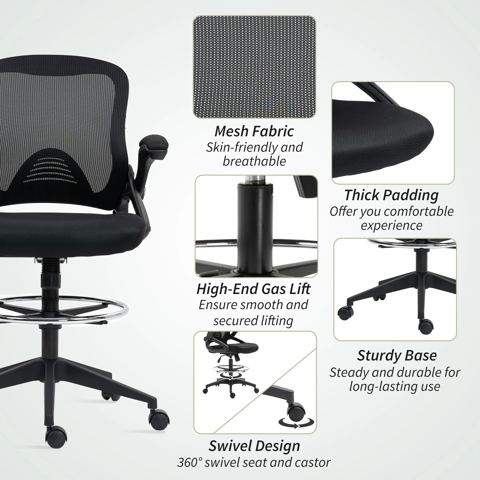 Vinsetto Mesh Office Stool, 60° Swivel Height Adjustable Chair - Image 7