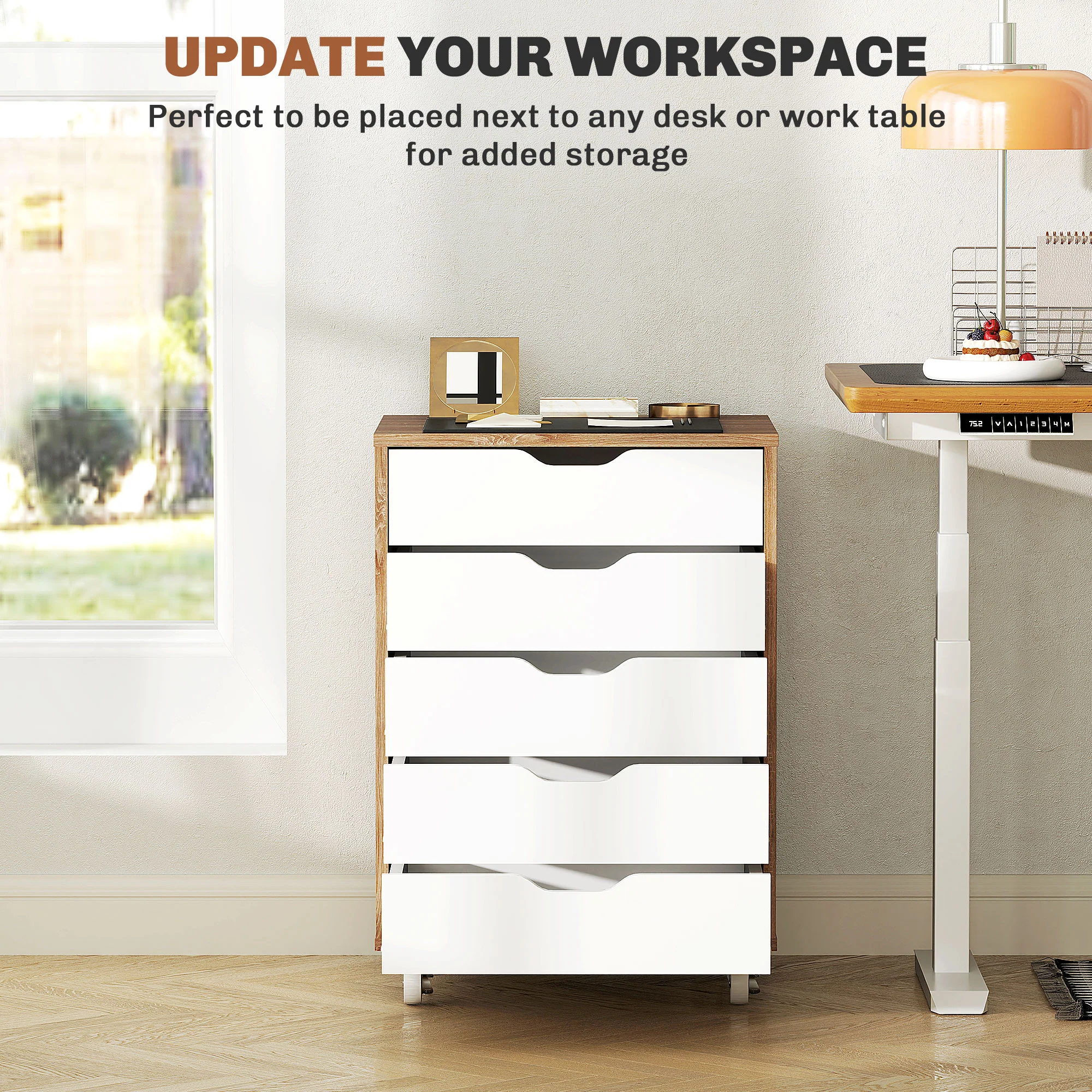 Vinsetto Mobile Filing Cabinet, 5-drawer File Cabinet with Wheels, Oak - Image 3