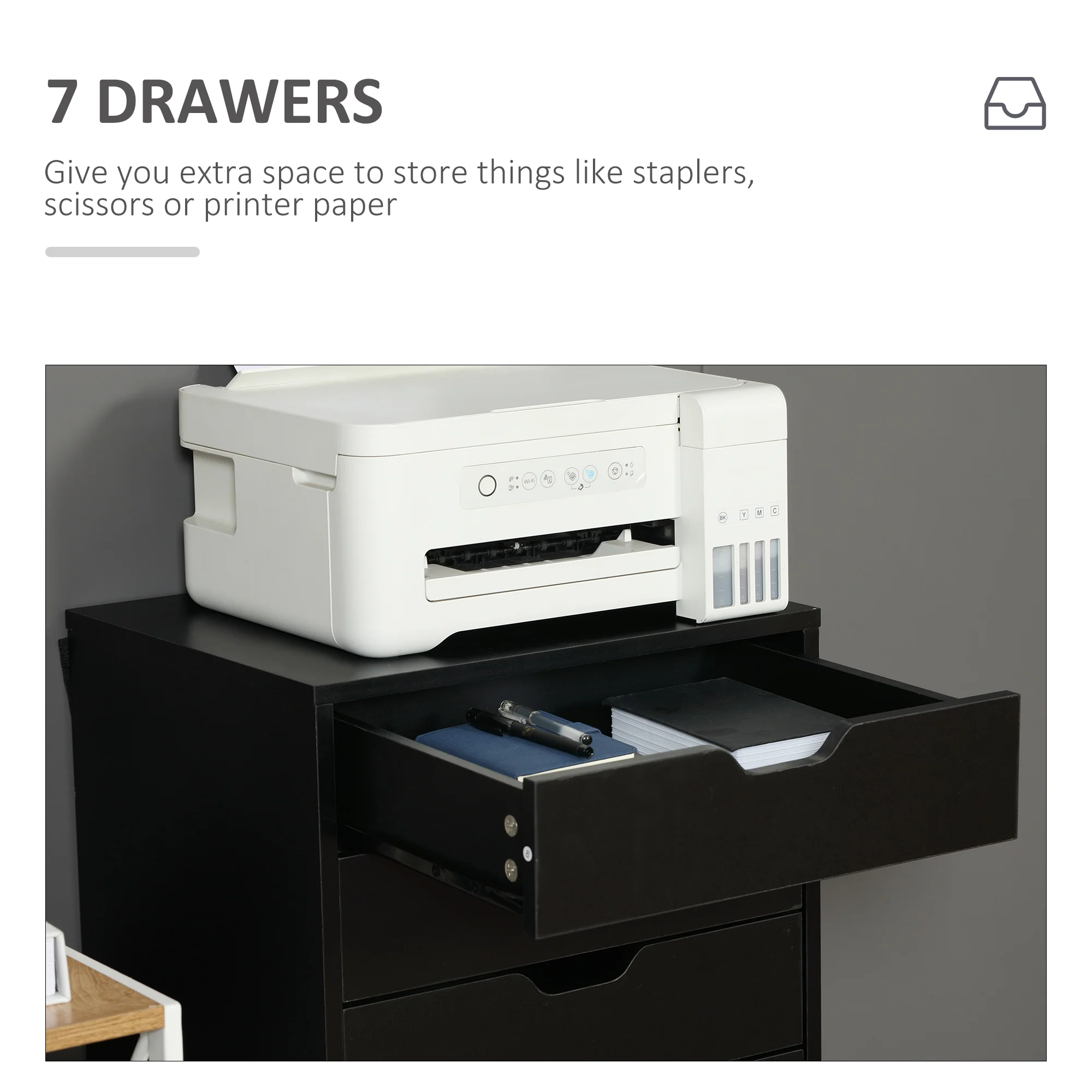 Vinsetto Mobile Filing Cabinet, 7-drawer File Cabinet With Wheels, Black - Image 4