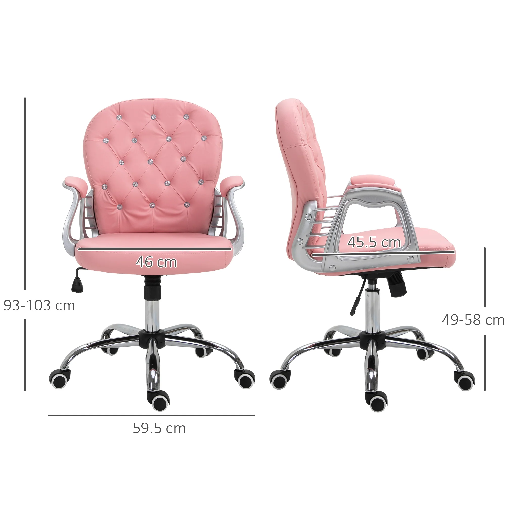 Vinsetto Office Chair PU Diamante Padded Ergonomic 360° Swivel - White/Grey/Pink - Image 23