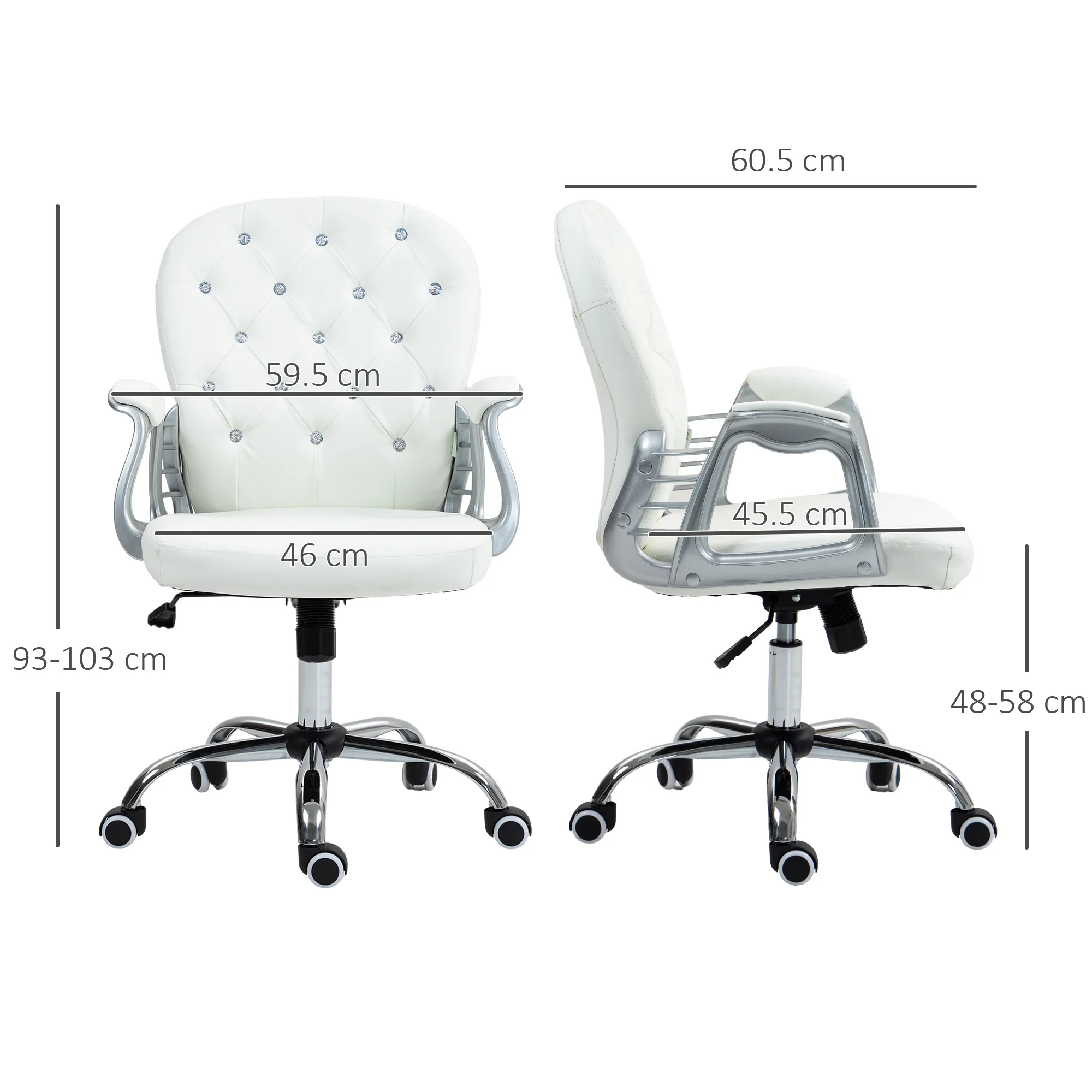 Vinsetto Office Chair PU Diamante Padded Ergonomic 360° Swivel - White/Grey/Pink - Image 5