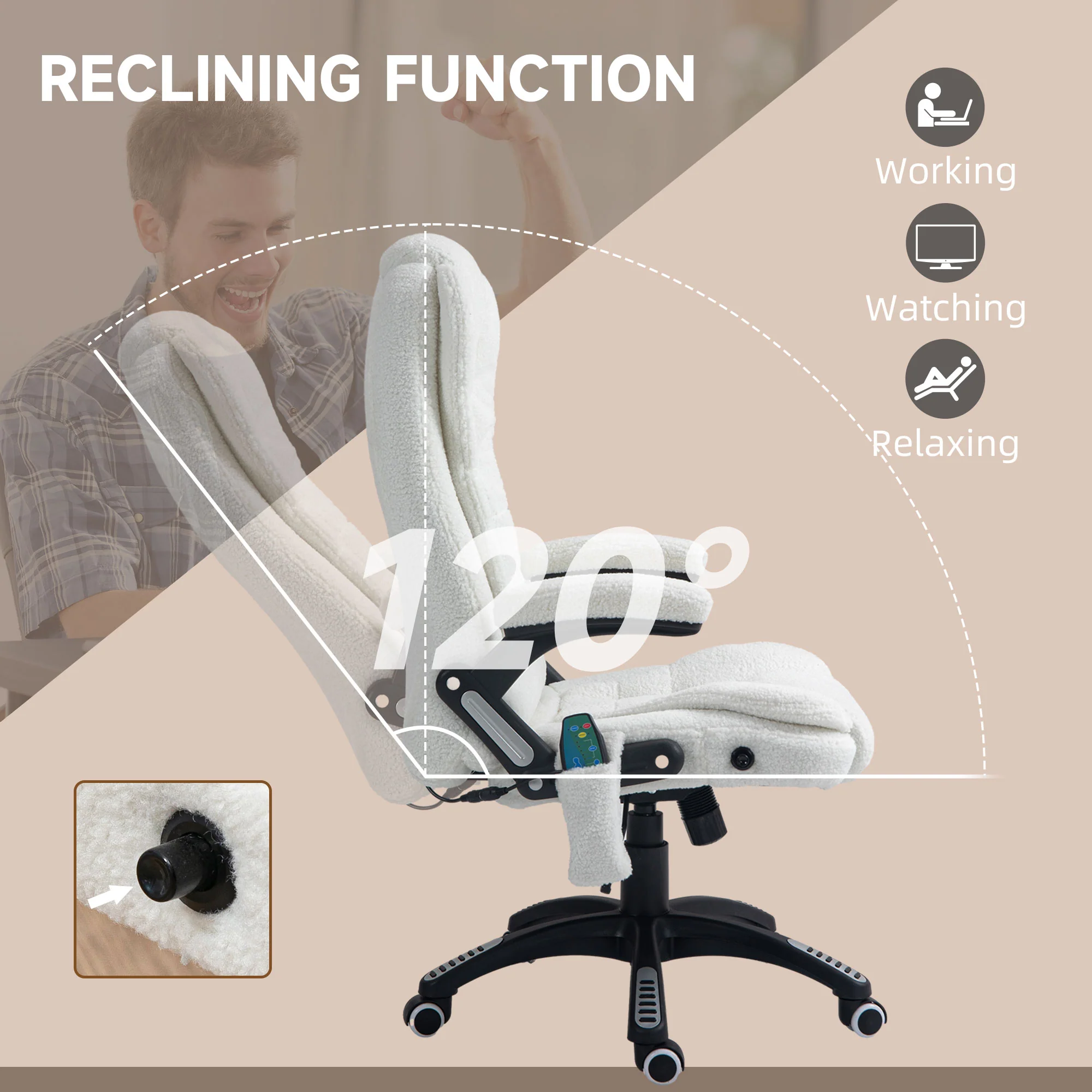 Vinsetto Office Chair W/ Heating Massage Points Relaxing Reclining White - Image 7