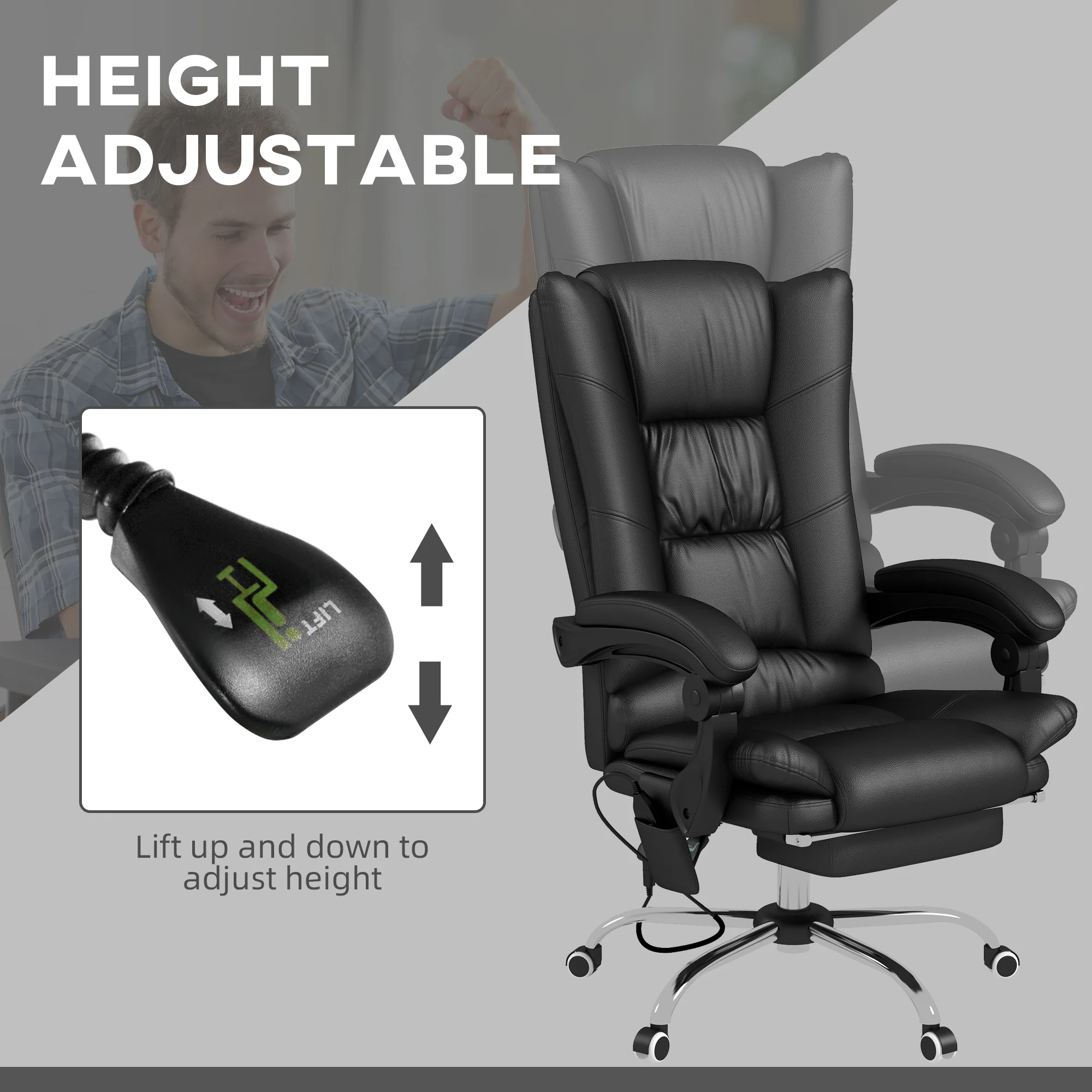 Vinsetto PU Leather Vibration Massage Office Chair With Heat, Black - Image 4