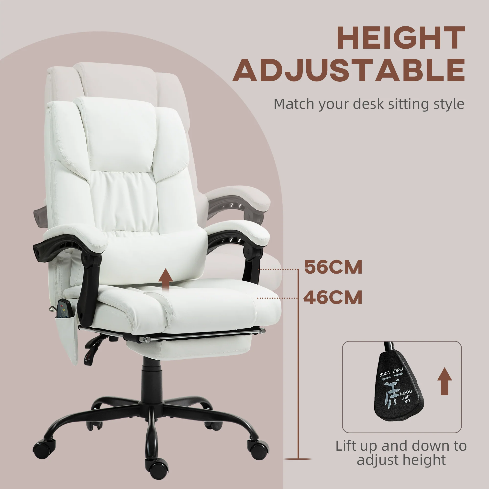 Vinsetto PU Massage Office Chair Height Adjustable Computer Chair White - Image 3