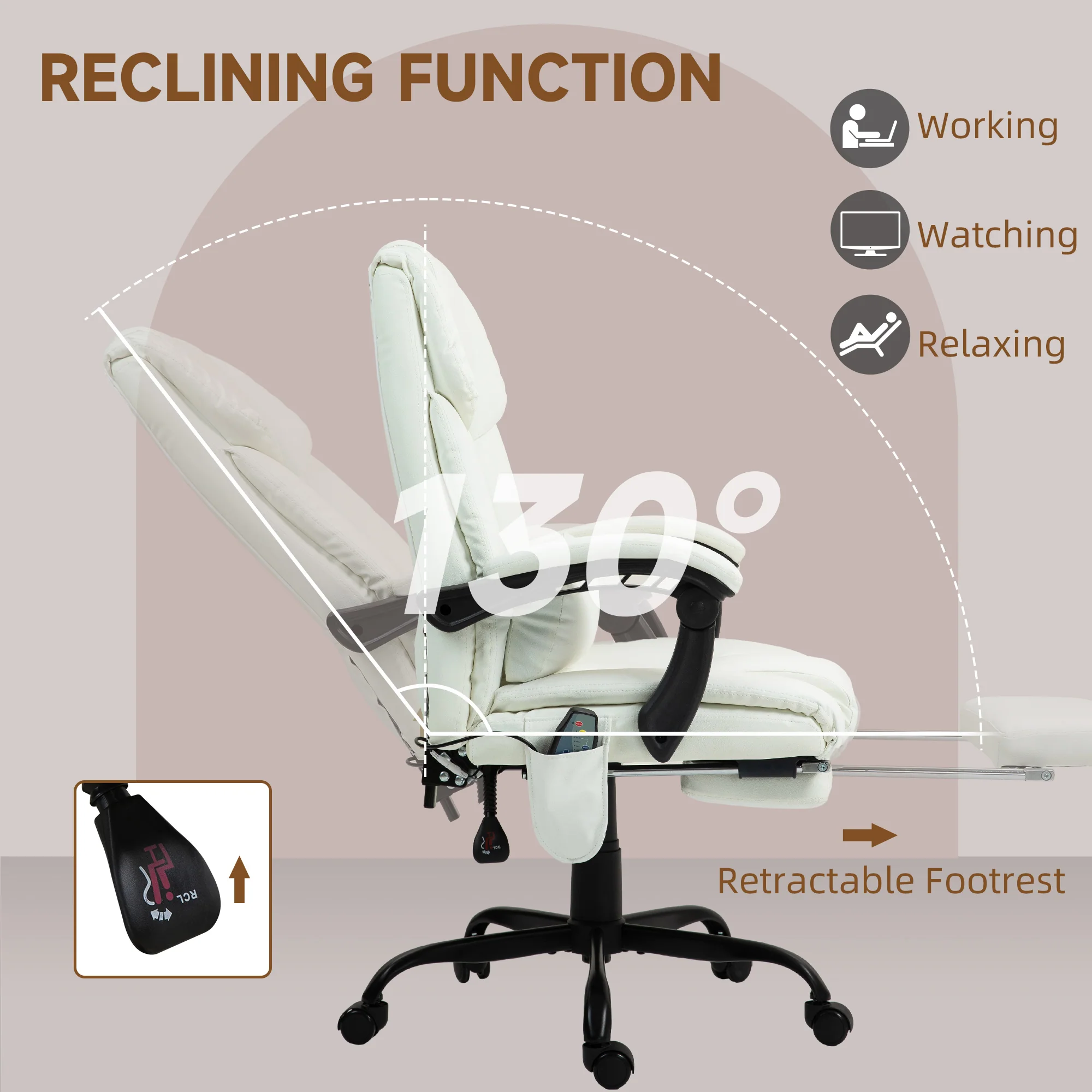 Vinsetto PU Massage Office Chair Height Adjustable Computer Chair White - Image 4