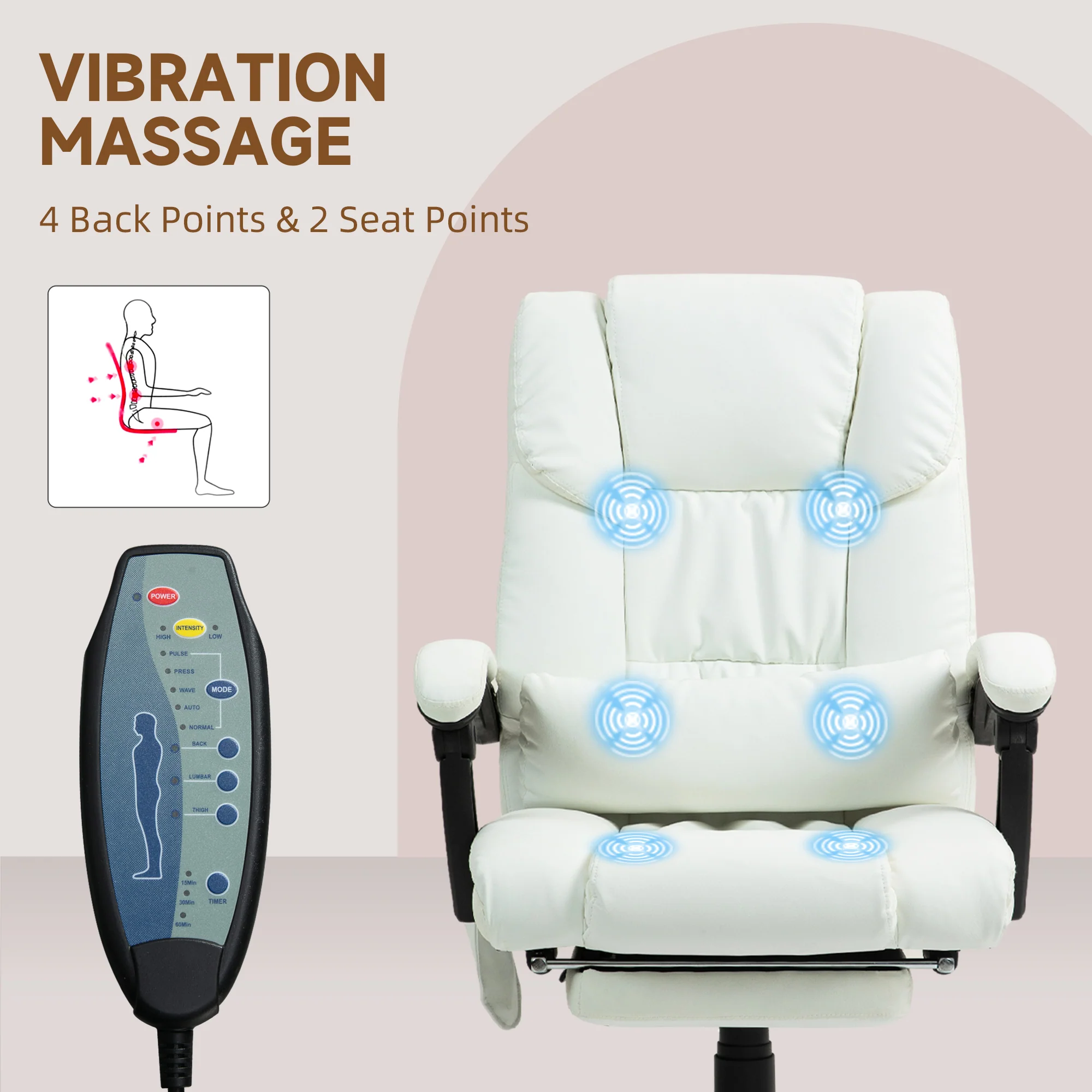 Vinsetto PU Massage Office Chair Height Adjustable Computer Chair White - Image 6