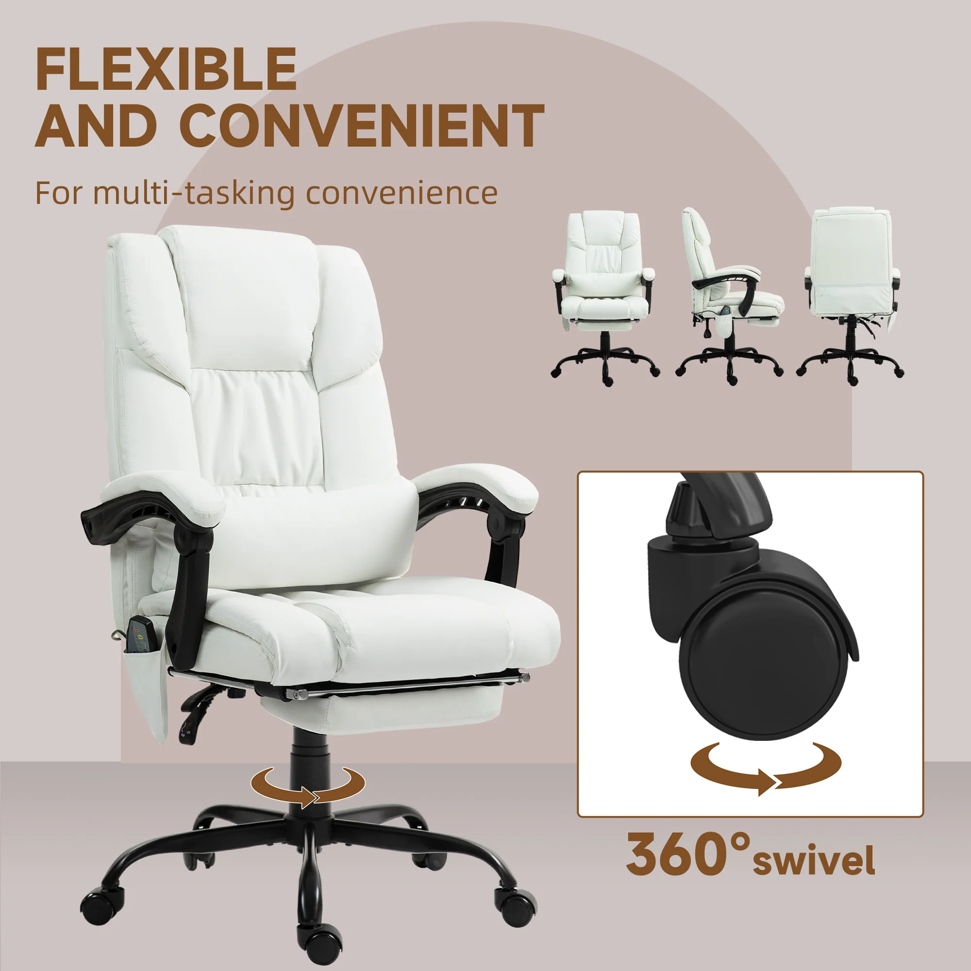 Vinsetto PU Massage Office Chair Height Adjustable Computer Chair White - Image 8