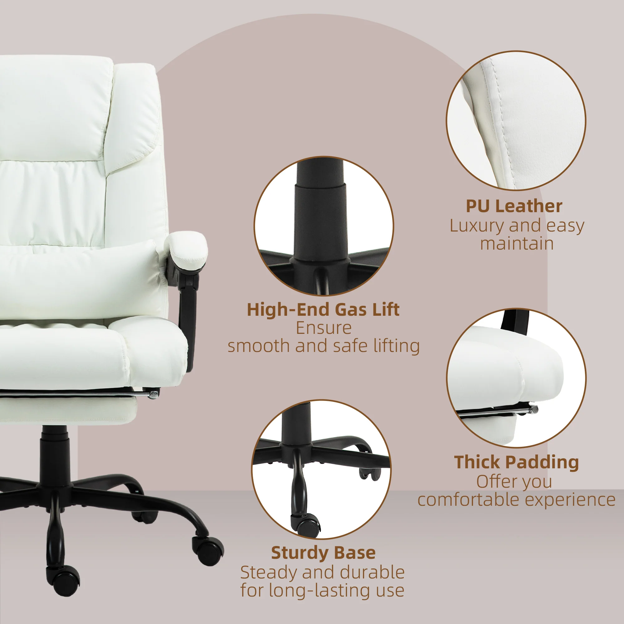 Vinsetto PU Massage Office Chair Height Adjustable Computer Chair White - Image 9