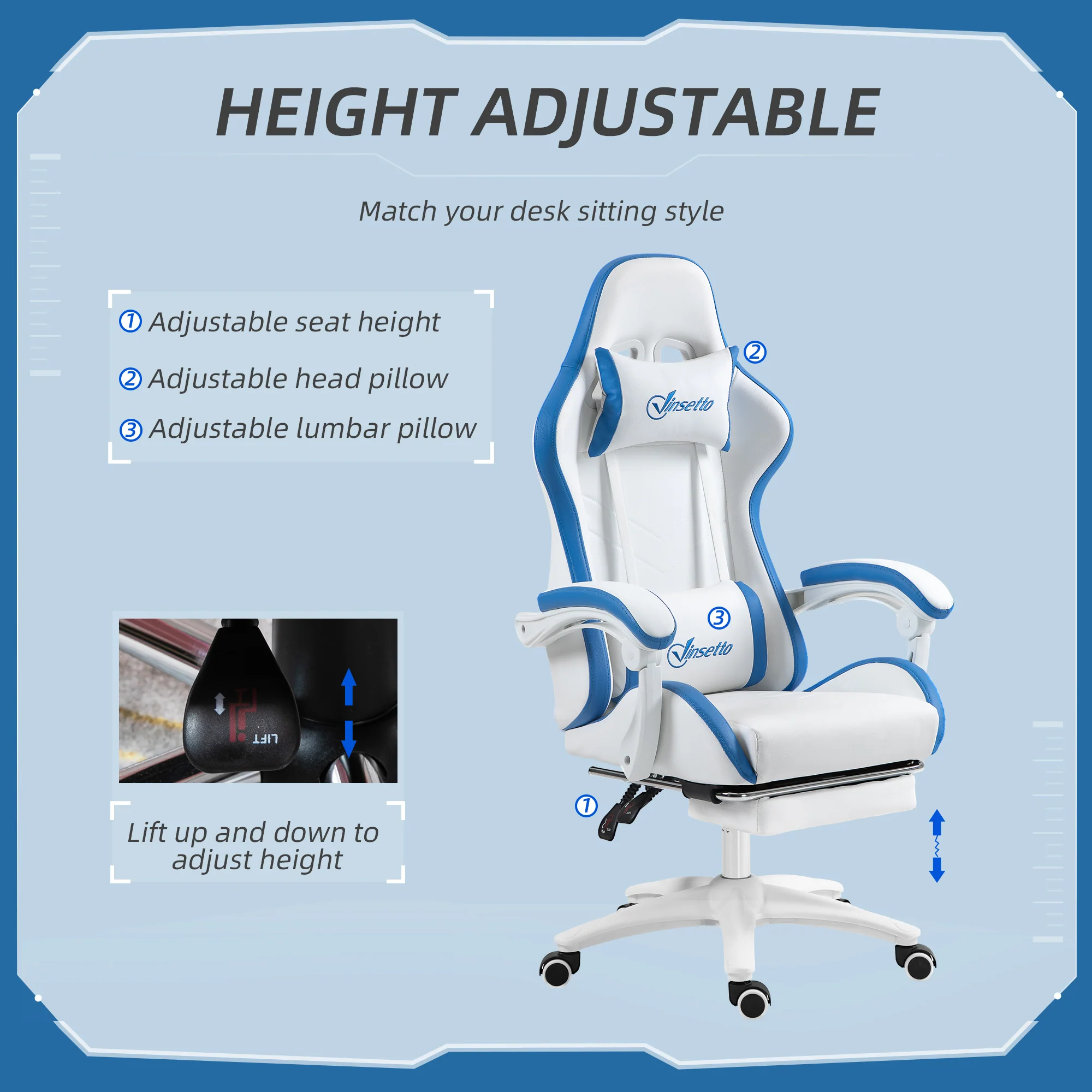 Vinsetto Racing Style Gaming Chair With Reclining Function Footrest, Blue - Image 3