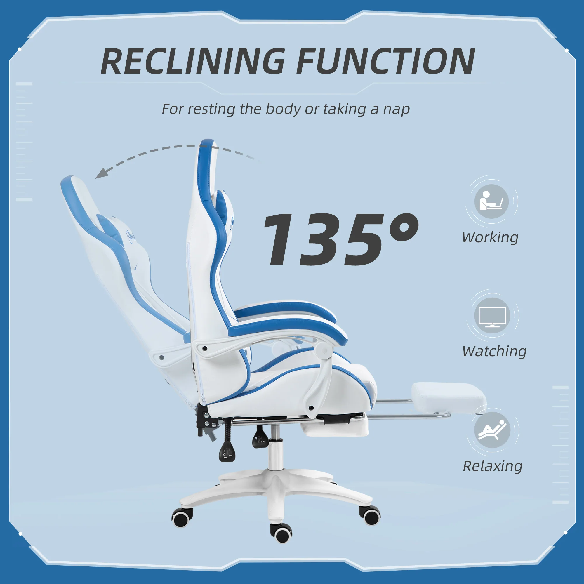 Vinsetto Racing Style Gaming Chair With Reclining Function Footrest, Blue - Image 4