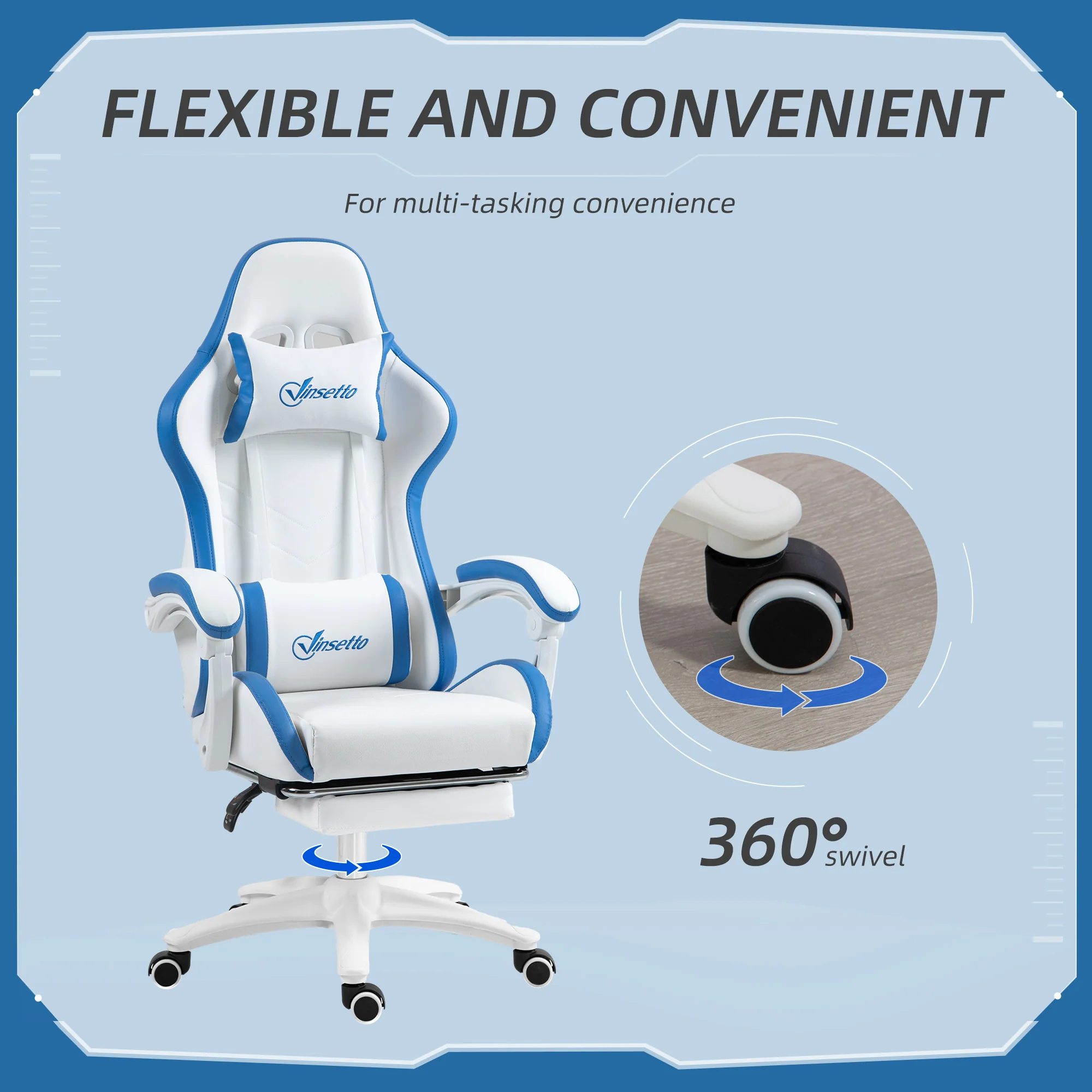 Vinsetto Racing Style Gaming Chair With Reclining Function Footrest, Blue - Image 6