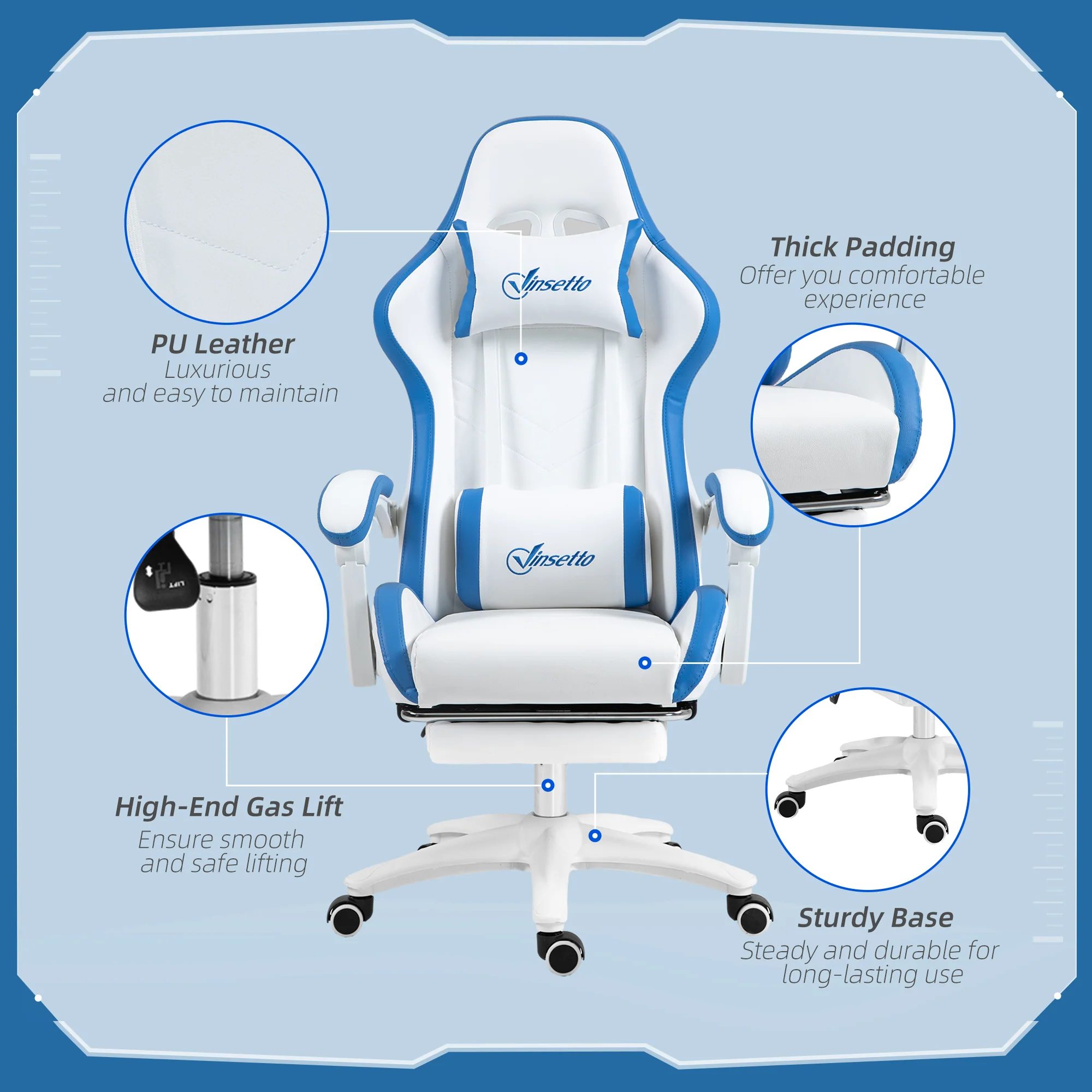 Vinsetto Racing Style Gaming Chair With Reclining Function Footrest, Blue - Image 7