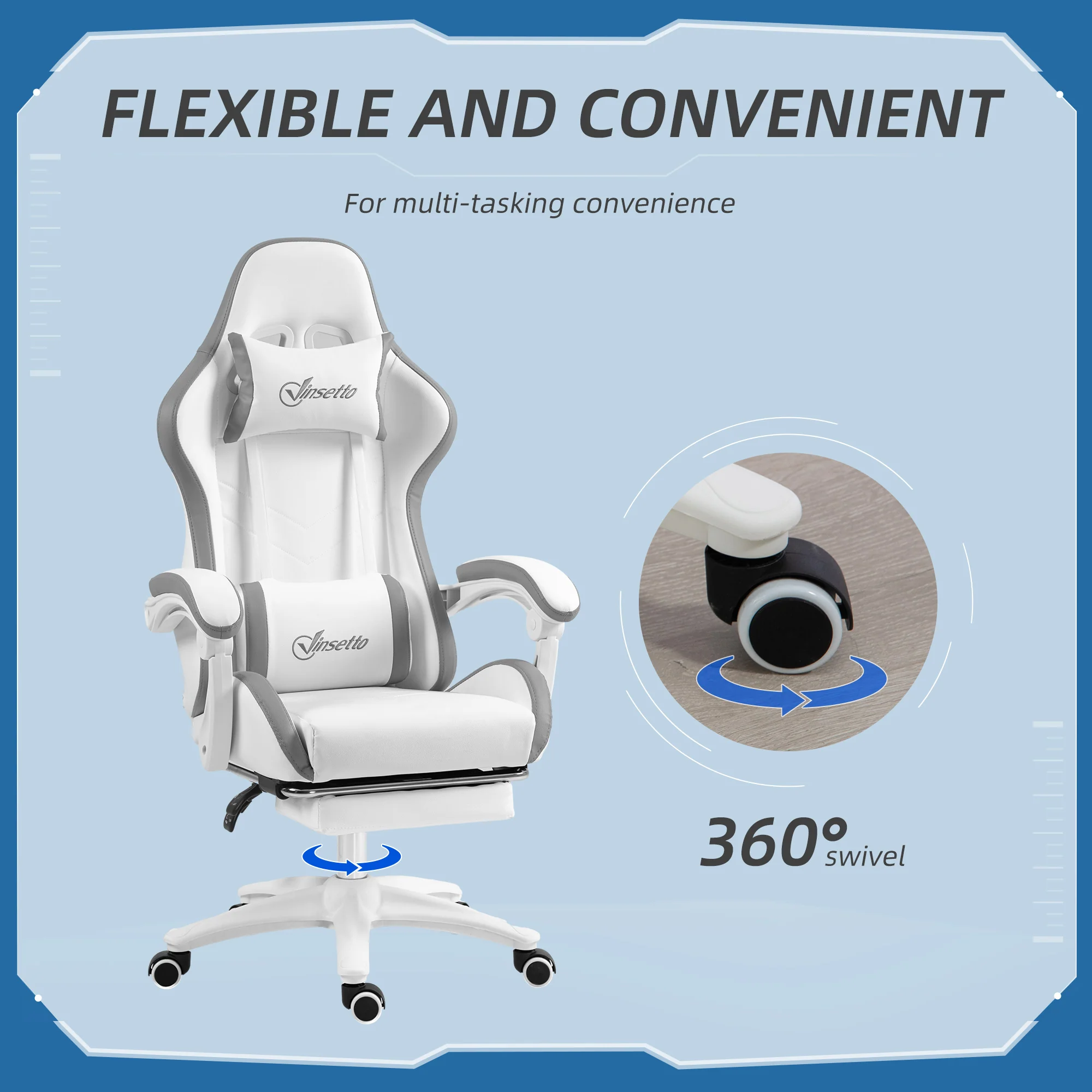 Vinsetto Racing Style Gaming Chair With Reclining Function Footrest, Grey - Image 6