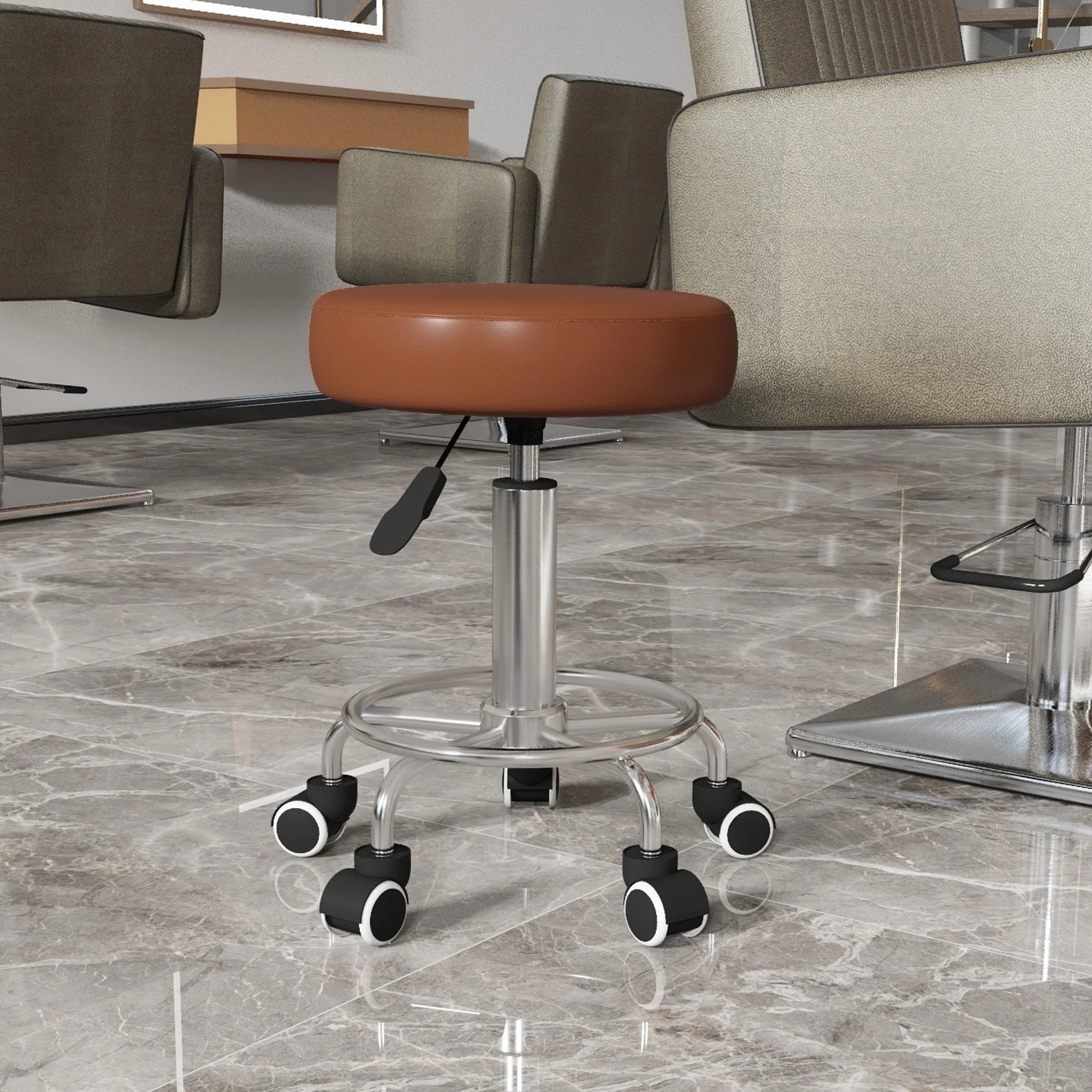 Vinsetto Round PU Leather Salon Beautician Stool Adjustable Height - Grey/Brown - Image 11