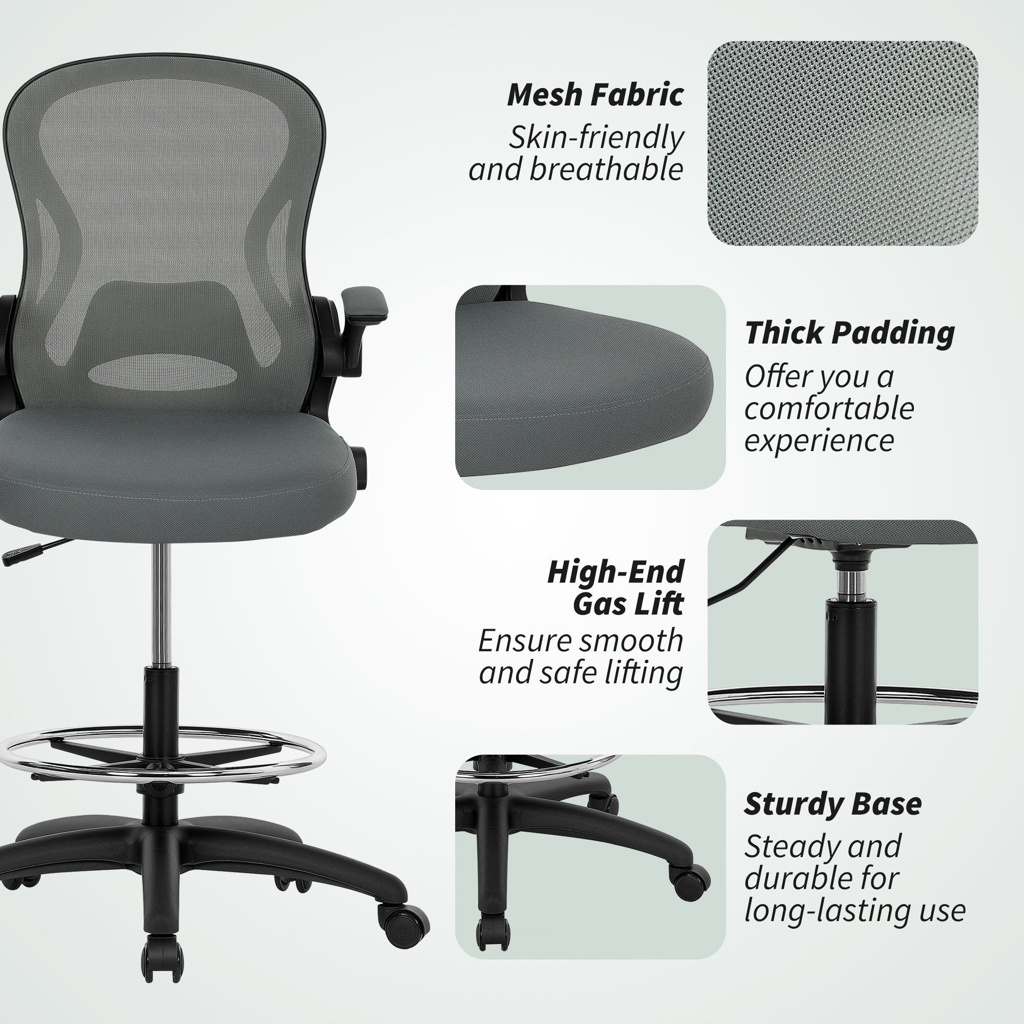 Vinsetto Standing Desk Chair With Adjustable Footrest, Charcoal Grey - Image 9