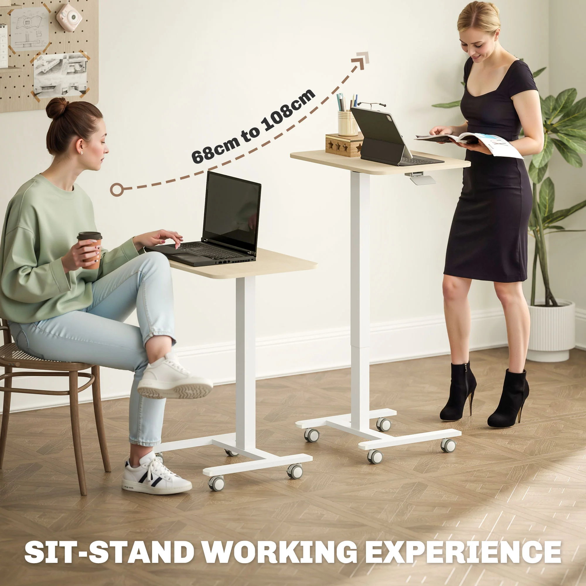 Vinsetto Standing Desk Sit Stand Desk With 4 Rolling Wheels, Natural - Image 3
