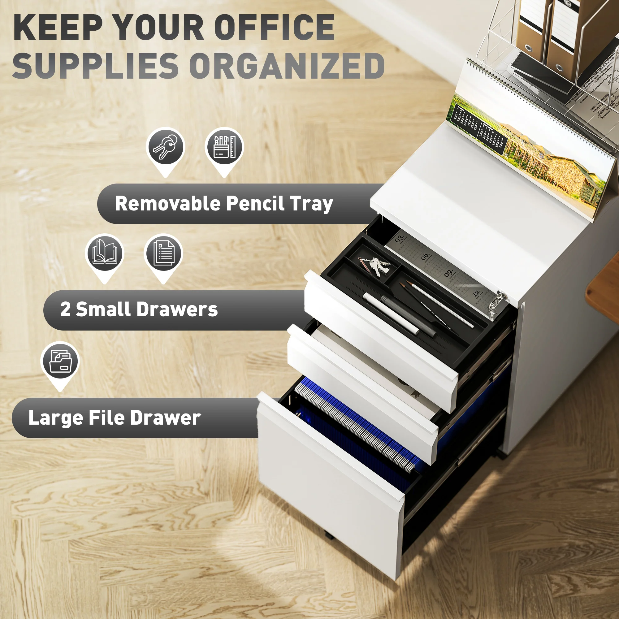 Vinsetto Steel File Cabinet with Lock and Wheels for Home Office - Image 12