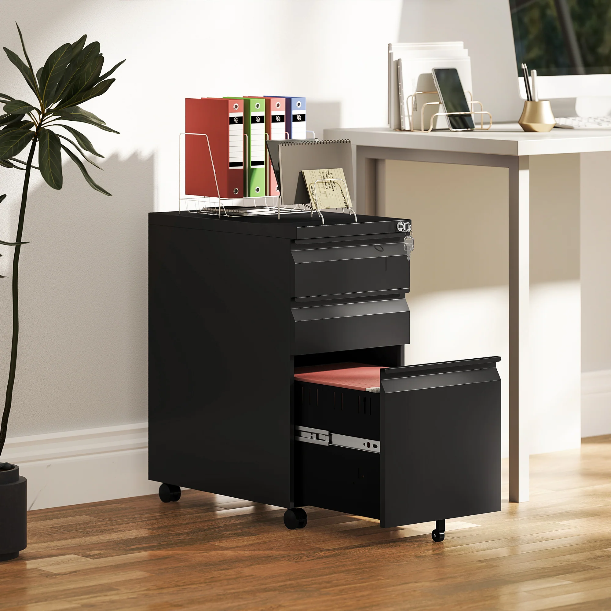 Vinsetto Steel File Cabinet with Lock and Wheels for Home Office - Image 2