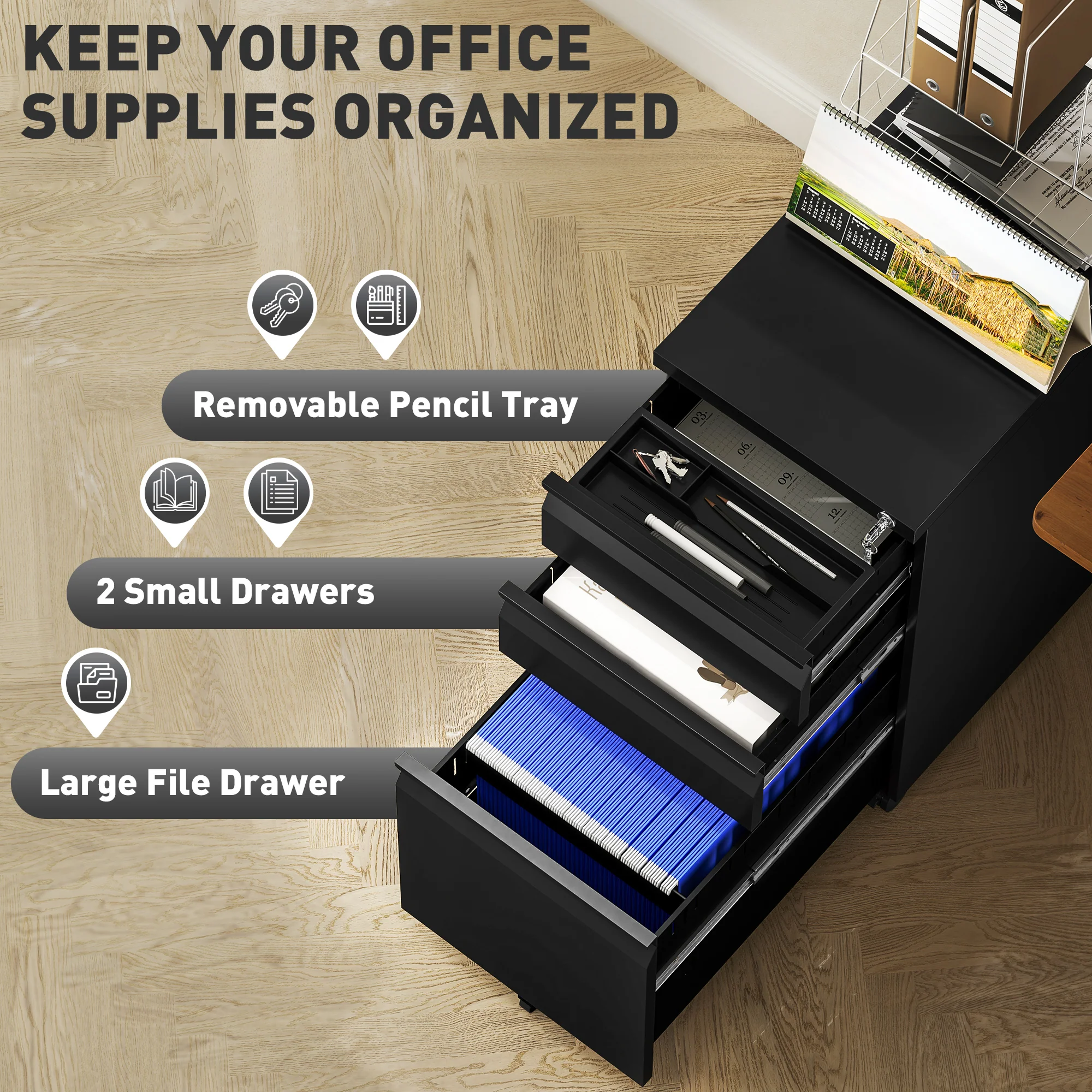 Vinsetto Steel File Cabinet with Lock and Wheels for Home Office - Image 3