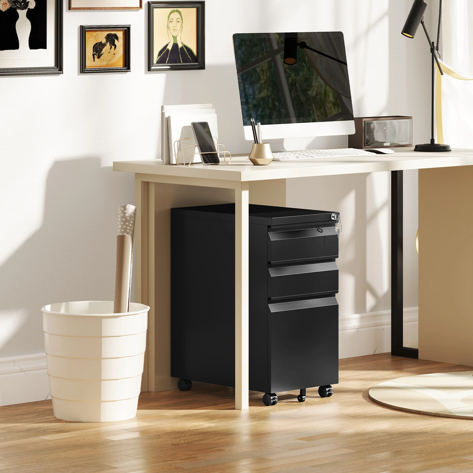 Vinsetto Steel File Cabinet with Lock and Wheels for Home Office - Image 9
