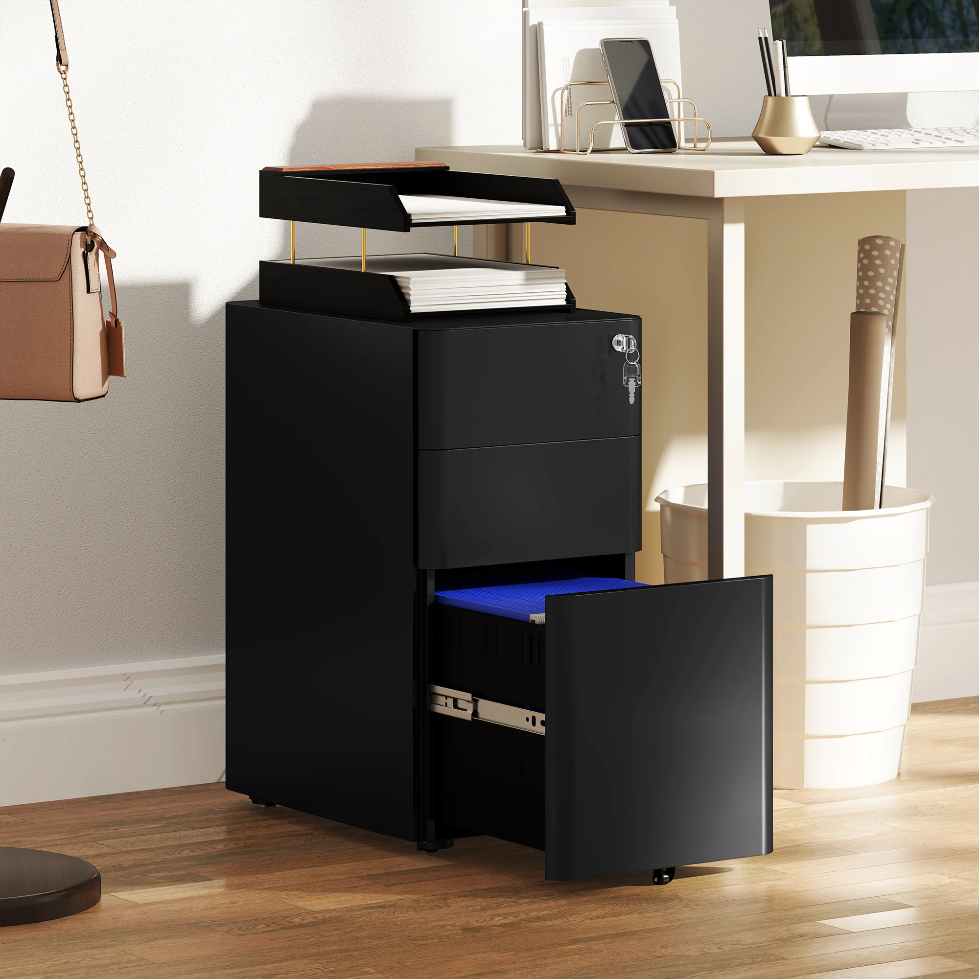Vinsetto Steel Filing Cabinet with Lock and Wheels for Home Office - Image 2