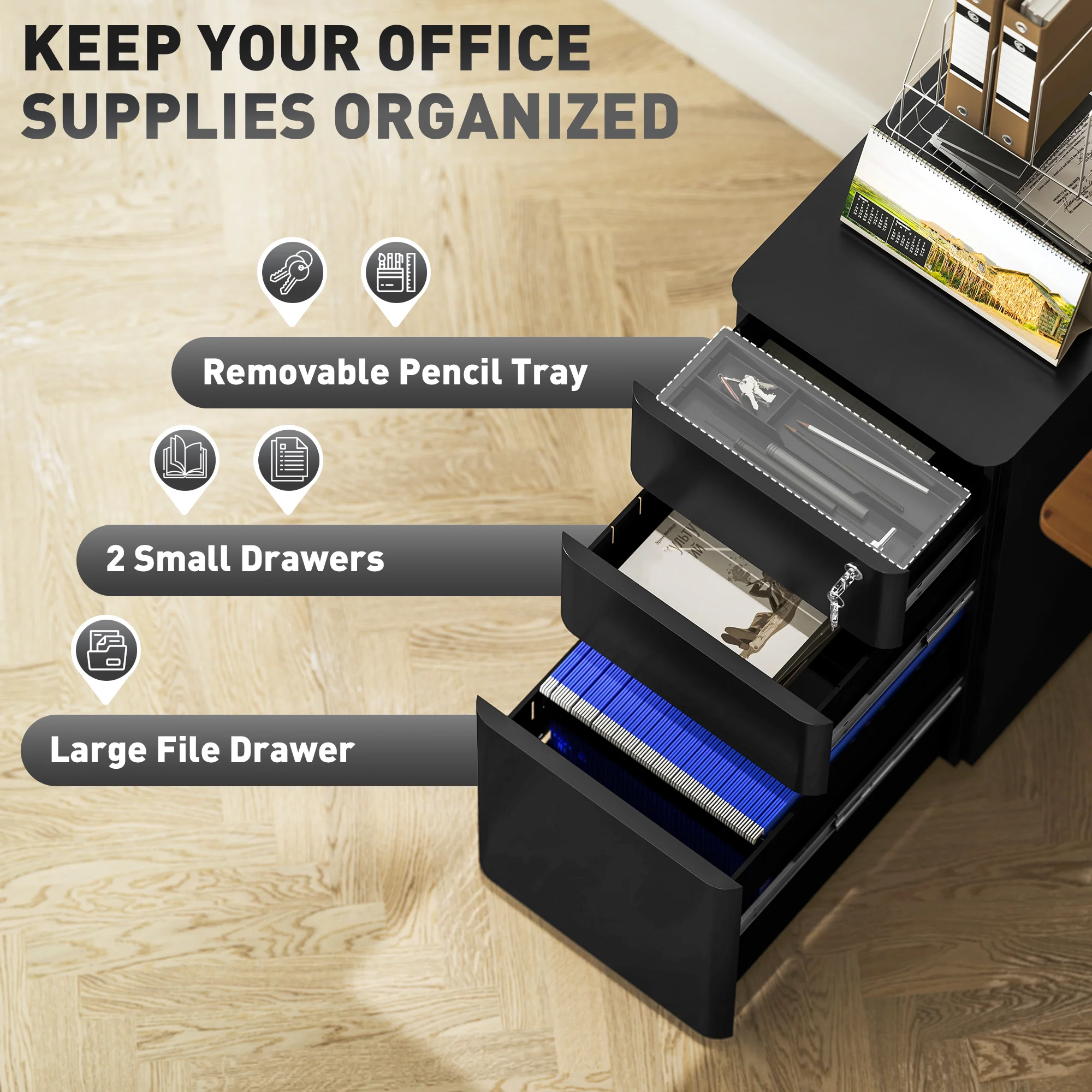 Vinsetto Steel Filing Cabinet with Lock and Wheels for Home Office - Image 3