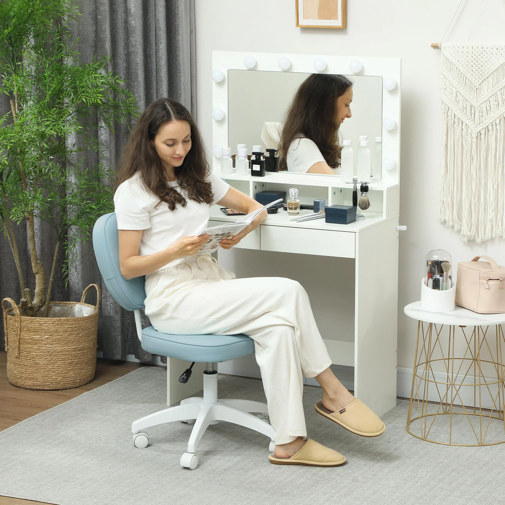 Vinsetto Vanity Task Chair With Adjustable Height, Armless - Cream/Blue - Image 11
