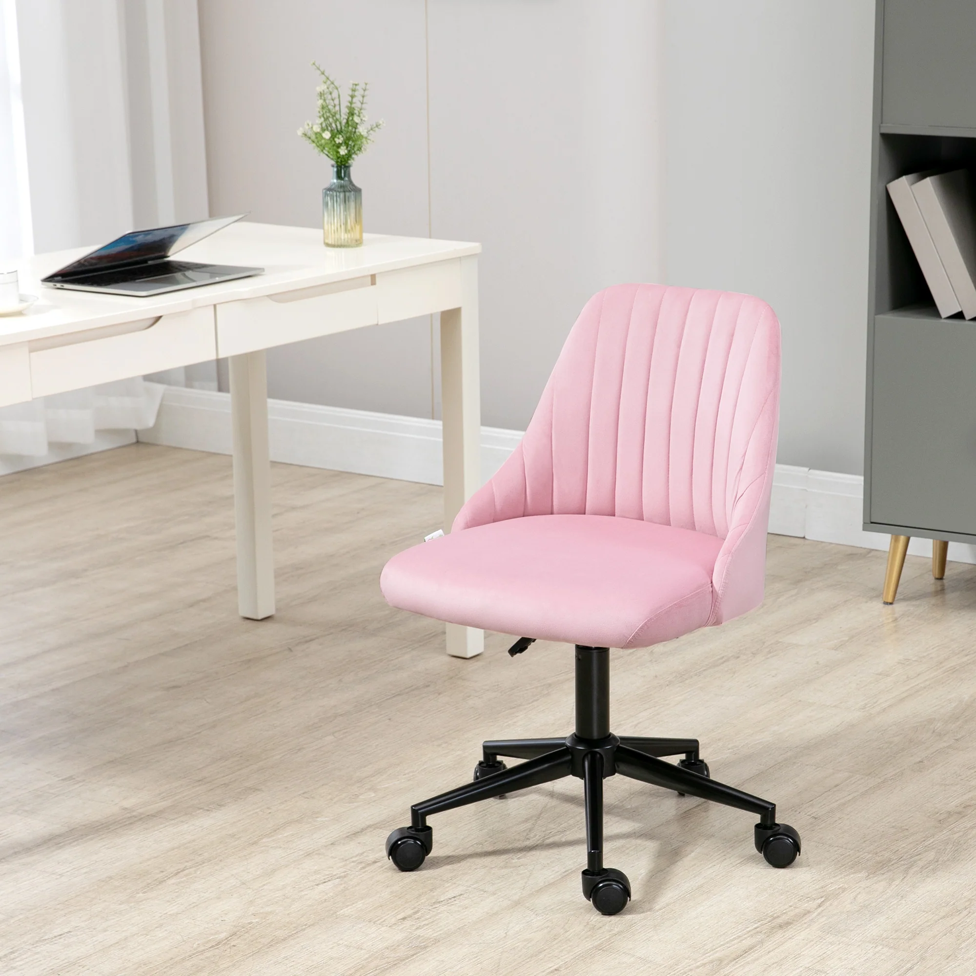 Vinsetto Velvet Office Chair with Adjustable Height and Wheels, Pink - Image 2