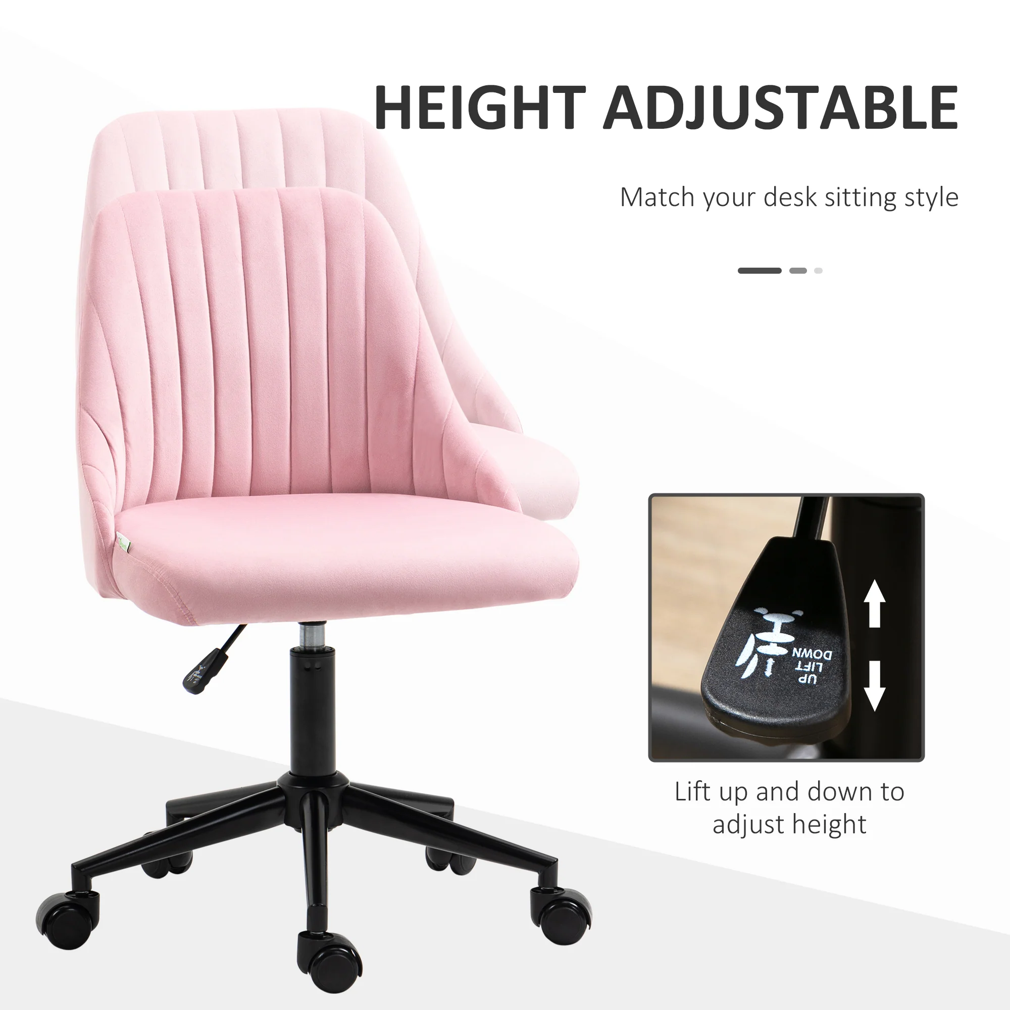 Vinsetto Velvet Office Chair with Adjustable Height and Wheels, Pink - Image 3