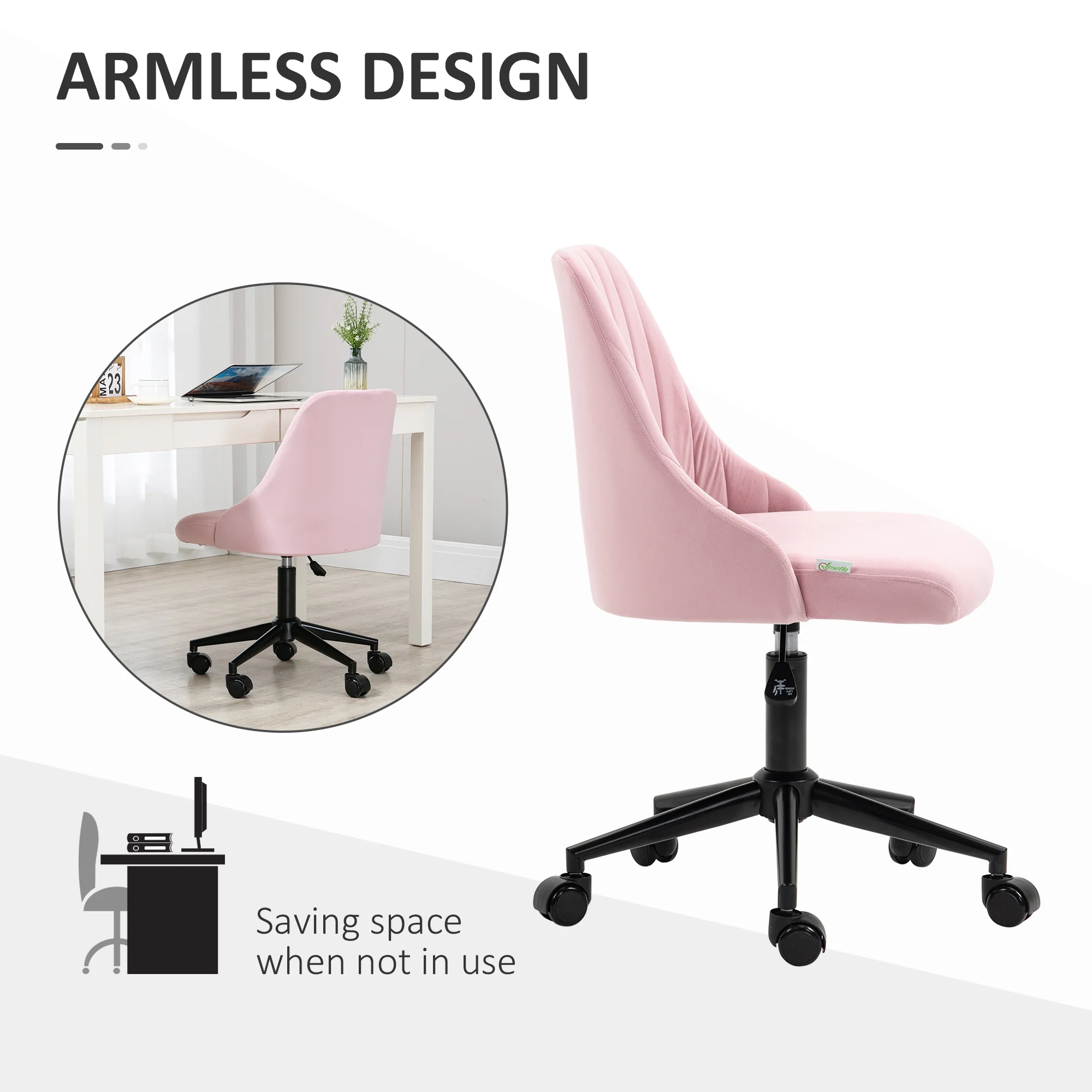 Vinsetto Velvet Office Chair with Adjustable Height and Wheels, Pink - Image 4