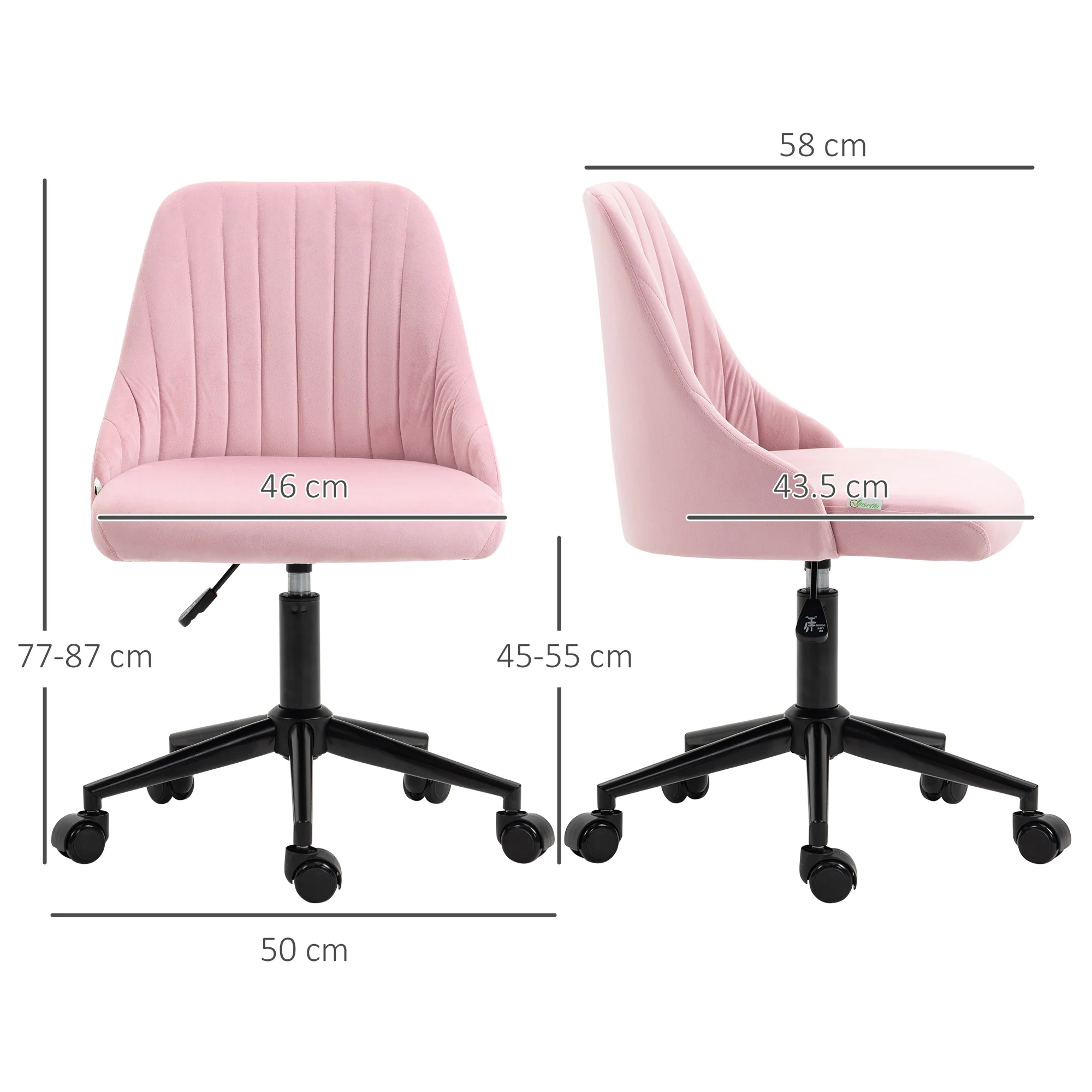 Vinsetto Velvet Office Chair with Adjustable Height and Wheels, Pink - Image 5