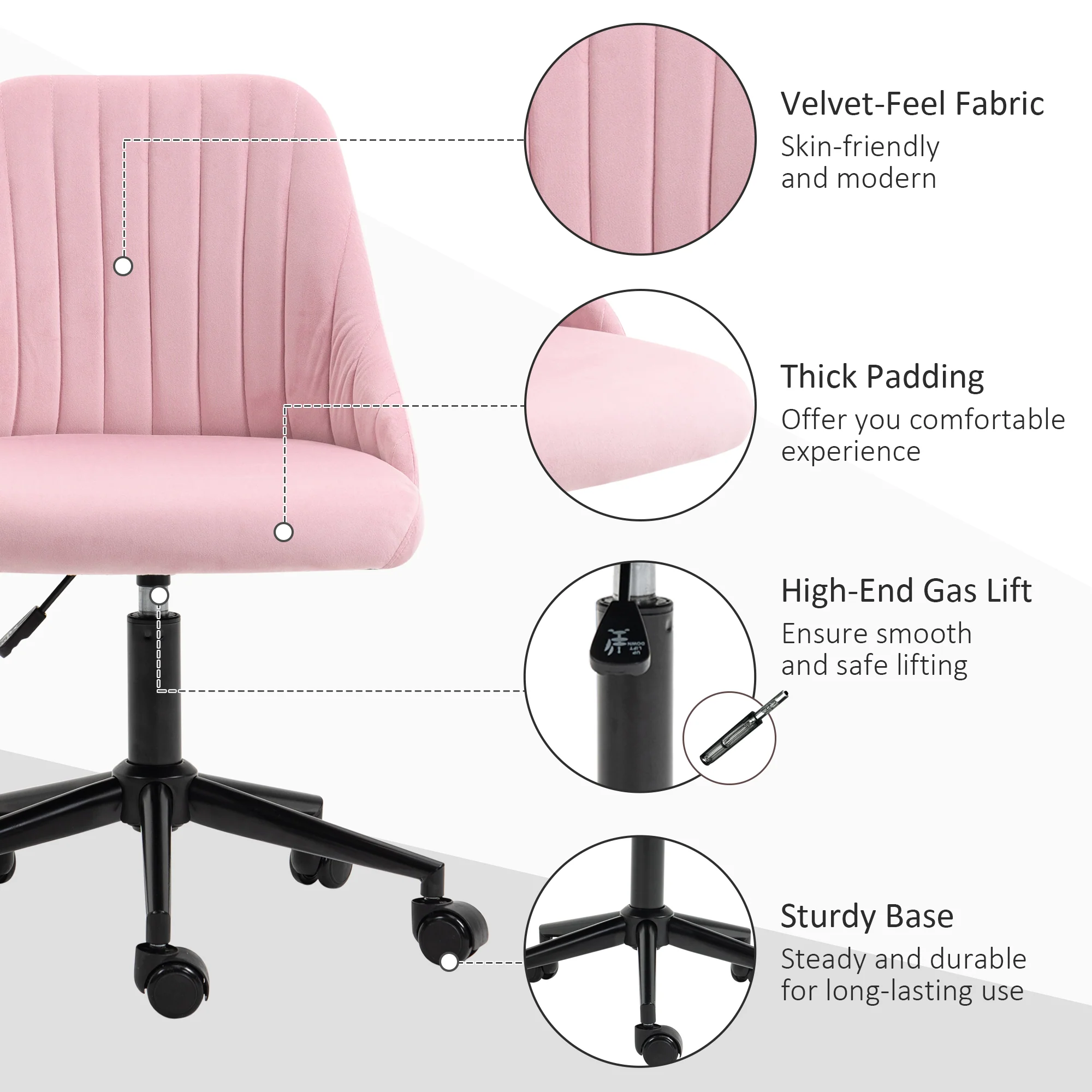 Vinsetto Velvet Office Chair with Adjustable Height and Wheels, Pink - Image 7