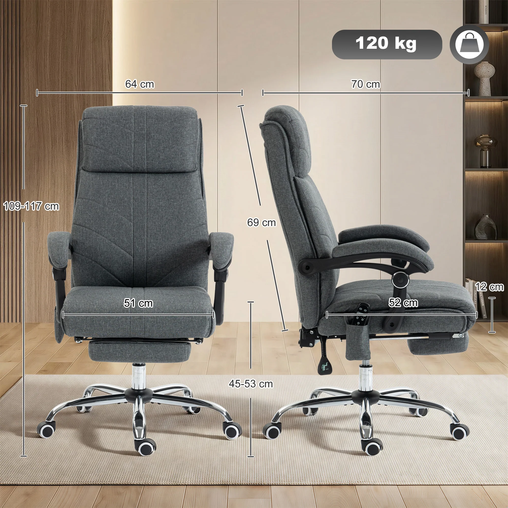 Vinsetto Vibration Massage Office Chair With Heat, Footrest, Grey - Image 5