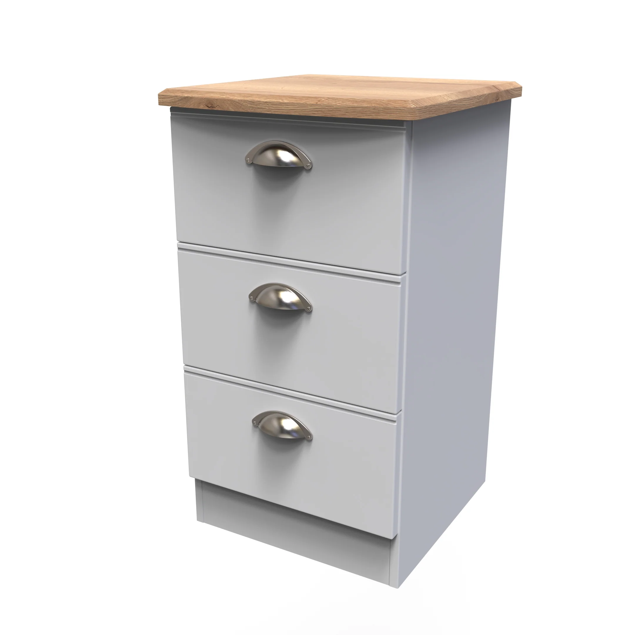Westminster Ready Assembled 3 Drawer Bedside Cabinet in Grey Matt & Riviera Oak - Image 3