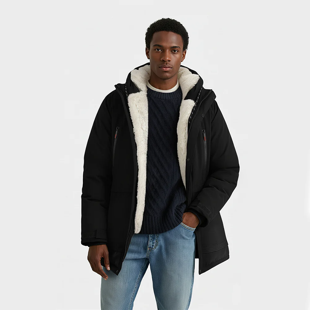 Winter Mid-Length Padded Coat Jacket With Removable Hood - Black