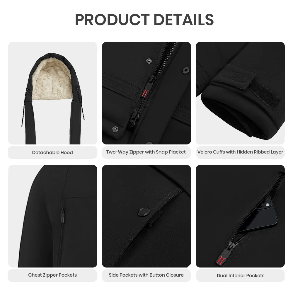 Winter Mid-Length Padded Coat Jacket With Removable Hood - Black - Image 6