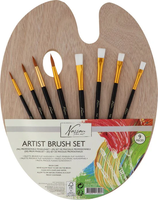 Wooden Palette With 4 Flat And 4 Round Brushes