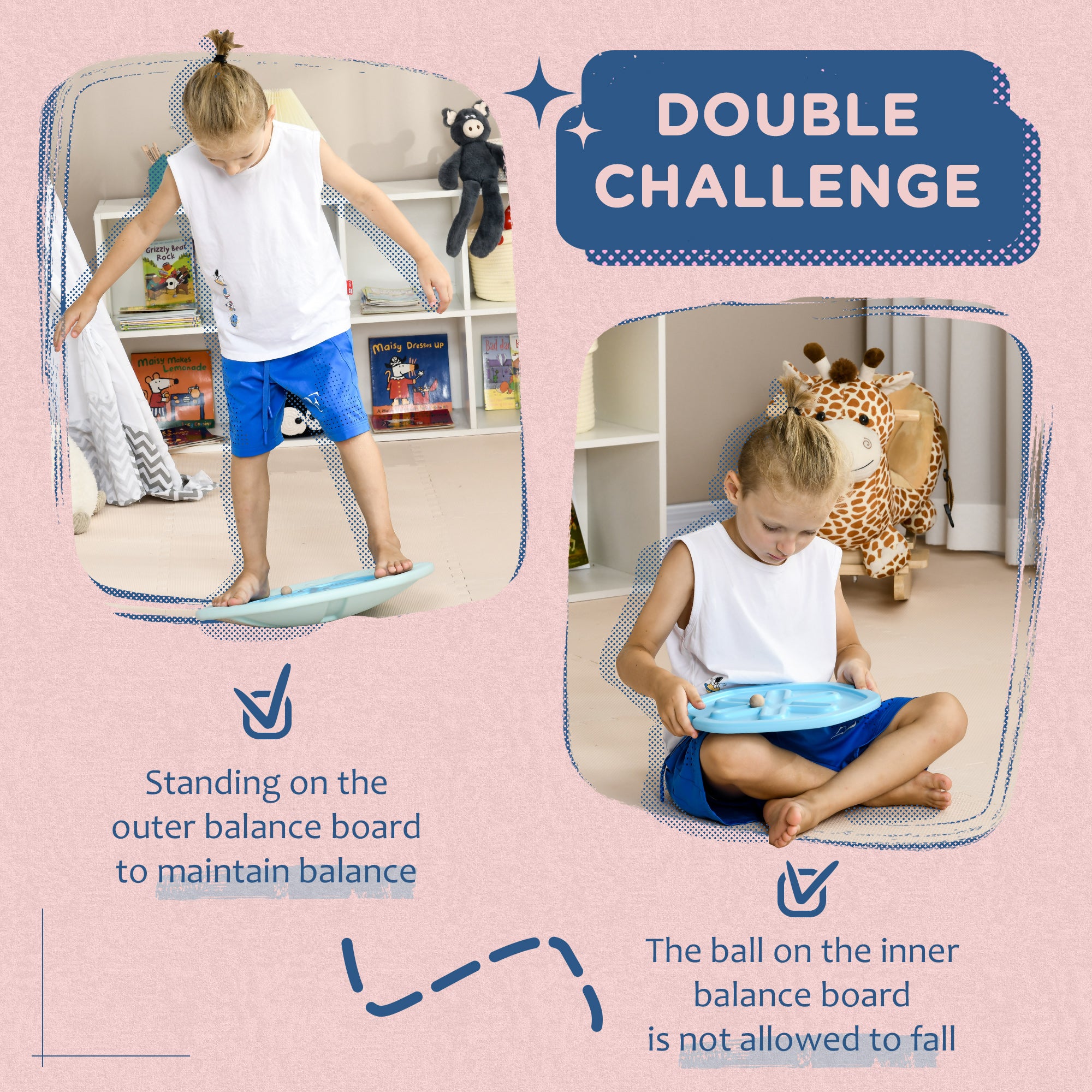 ZONEKIZ 2 in 1 Balance Board, Kids Wobble Board with Ball - Blue - Image 3